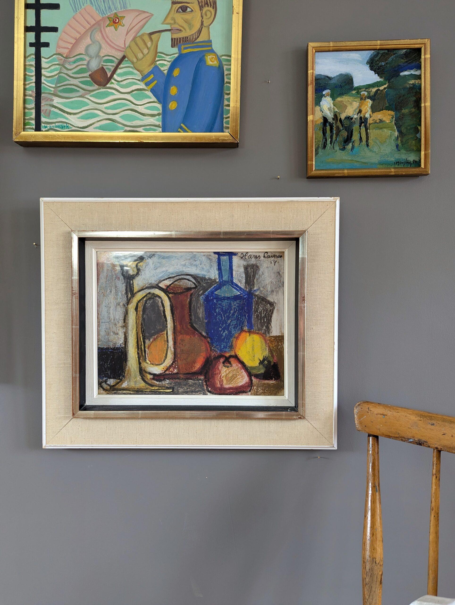 1954 Mid Century Modern Swedish Original Oil Pastel - Still Life in Pastel - Brown Still-Life Painting by Unknown