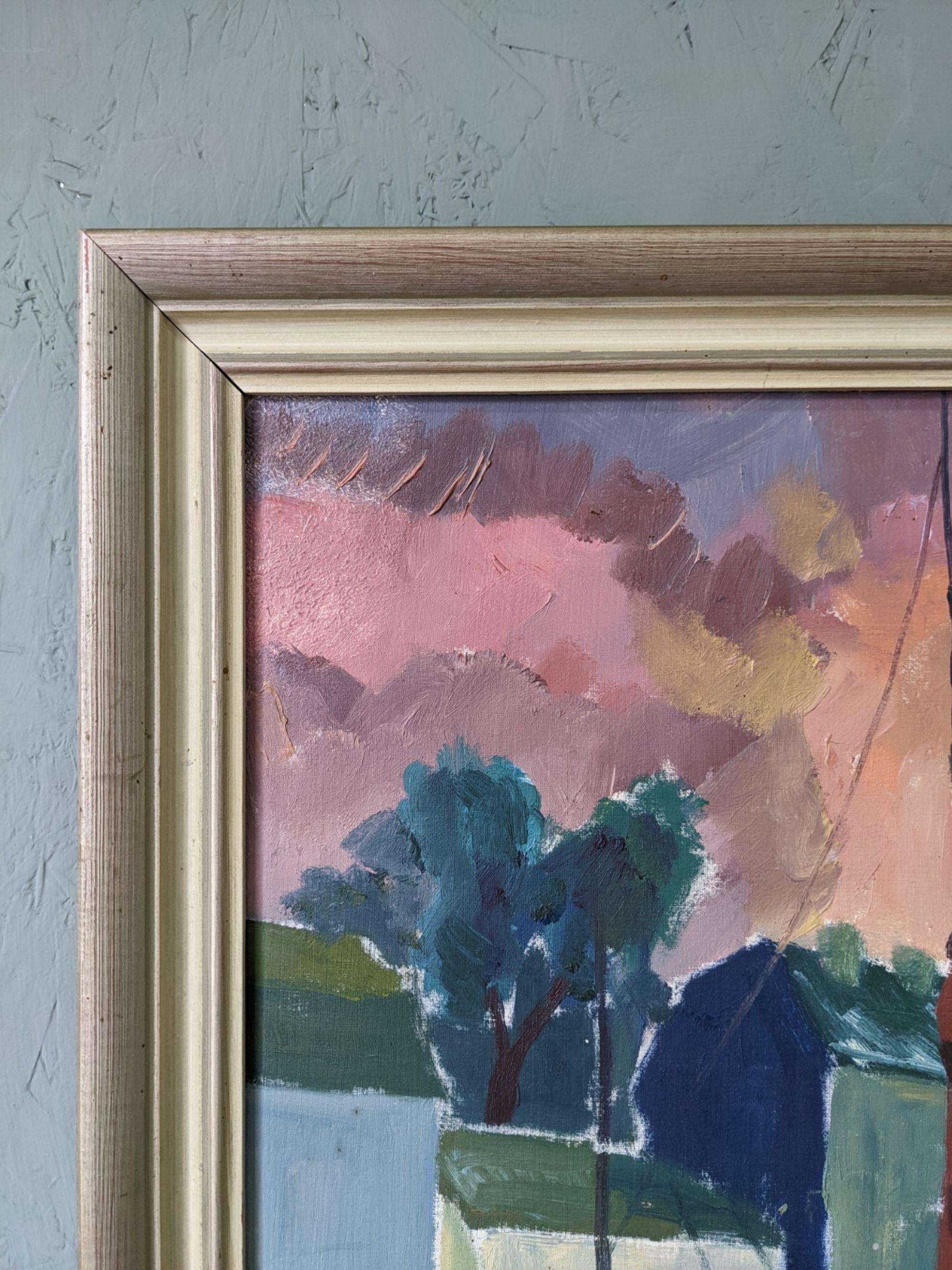 1954 Vintage Mid-Century Swedish Framed Coastal Oil Painting - Harbour Sky 7