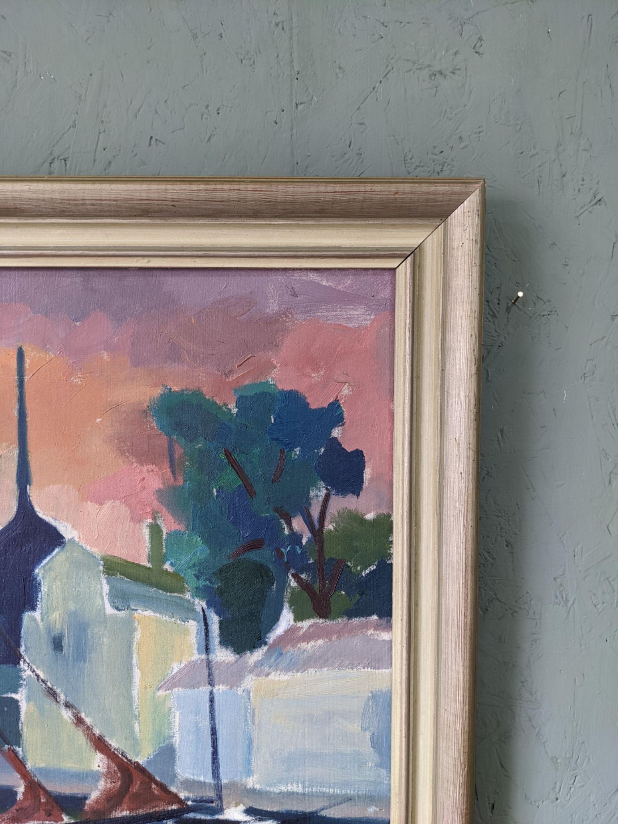 1954 Vintage Mid-Century Swedish Framed Coastal Oil Painting - Harbour Sky 8