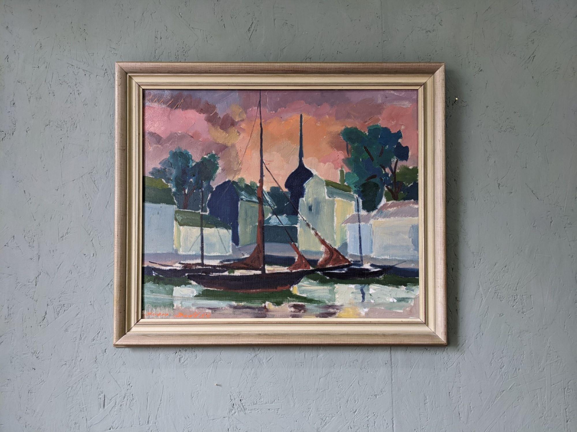 1954 Vintage Mid-Century Swedish Framed Coastal Oil Painting - Harbour Sky 9