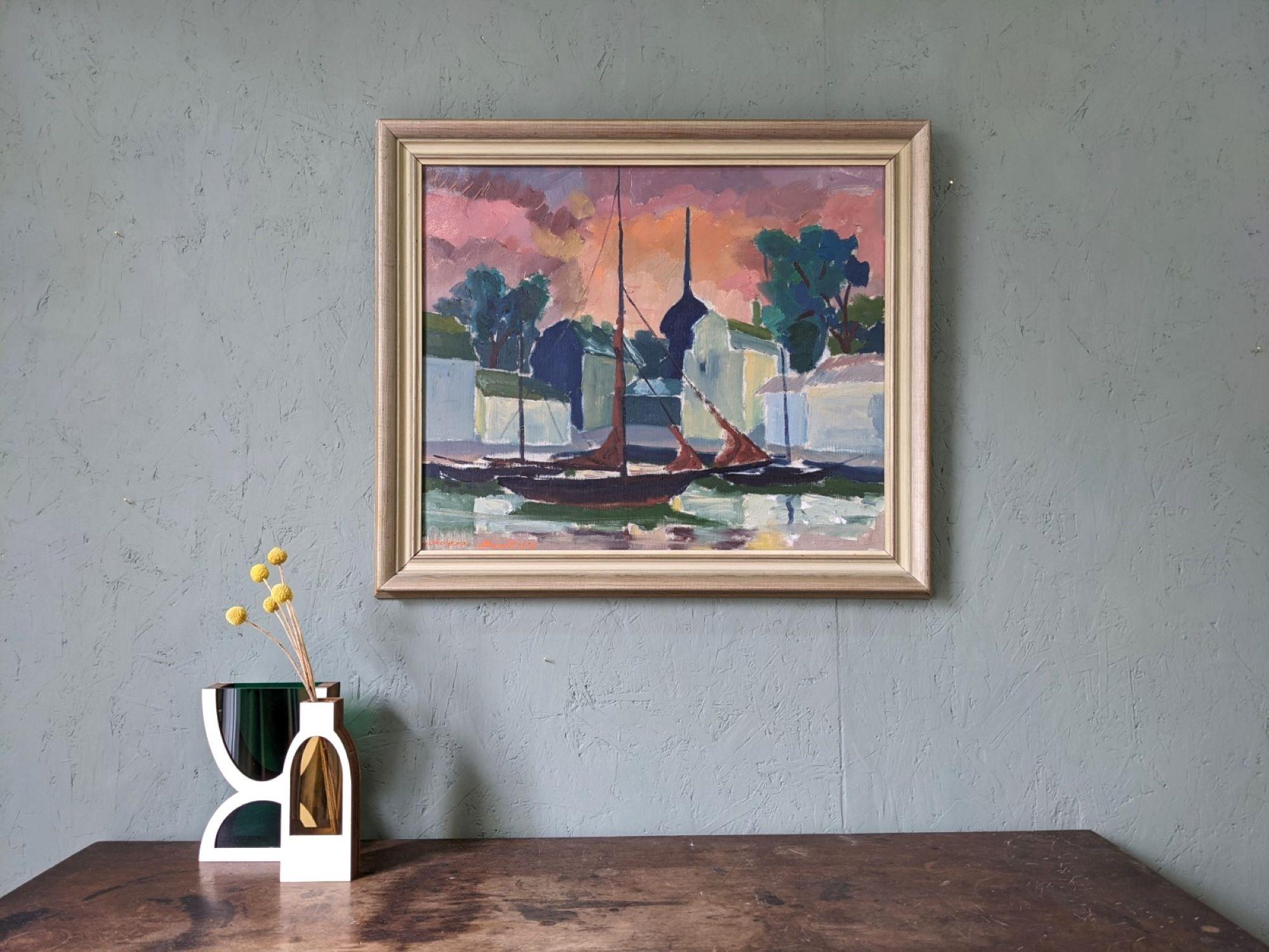 1954 Vintage Mid-Century Swedish Framed Coastal Oil Painting - Harbour Sky - Gray Landscape Painting by Unknown