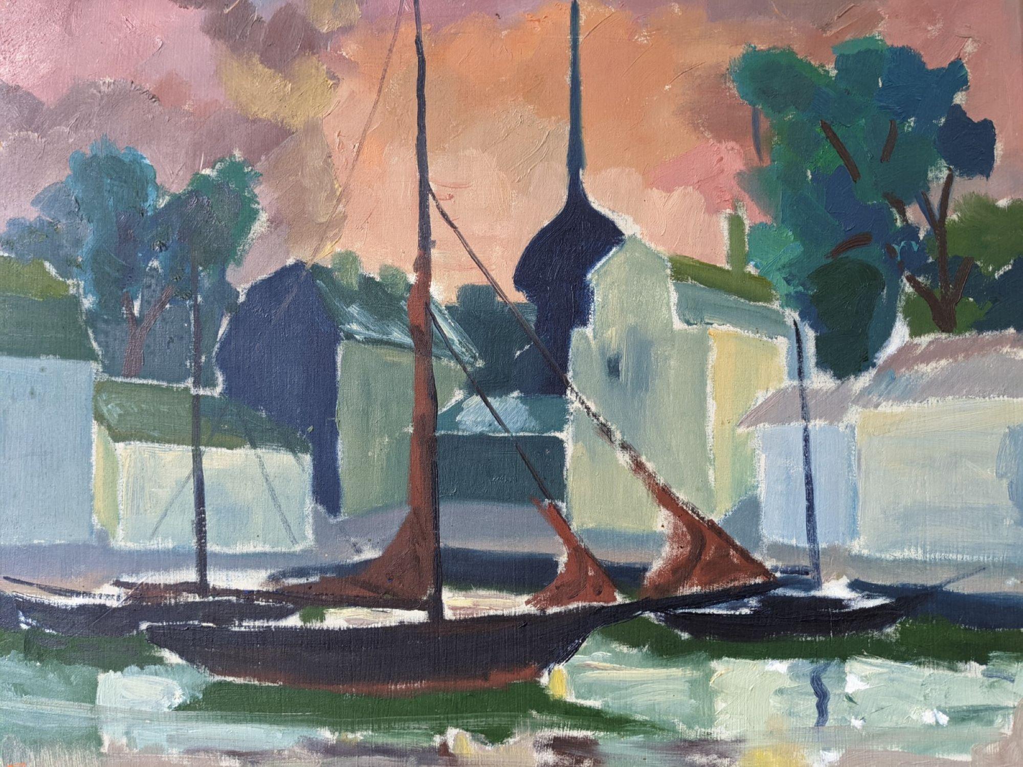 HARBOUR SKY
Size: 56 x 65 cm (including frame)
Oil on board

A wonderfully expressive and scenic view of a harbour, painted in oil onto board and dated 1954.

In the beautiful and uplifting composition, 2 sailboats are resting under a cotton candy