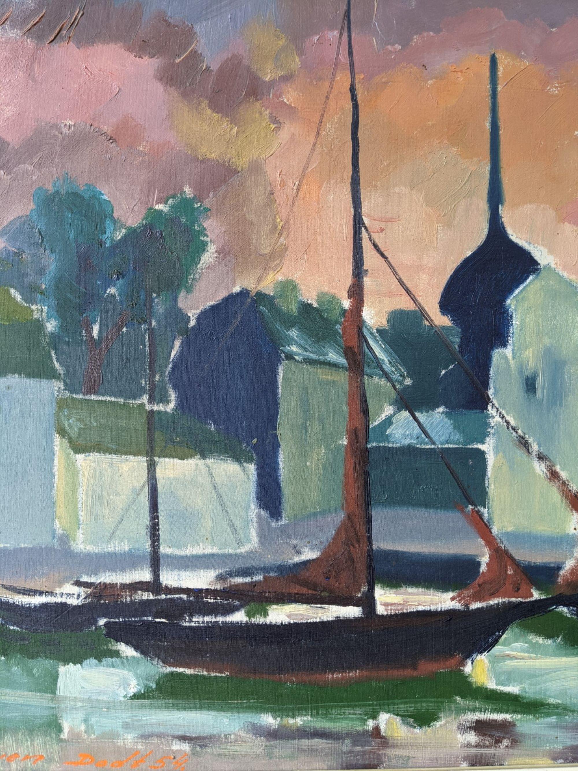 1954 Vintage Mid-Century Swedish Framed Coastal Oil Painting - Harbour Sky 1