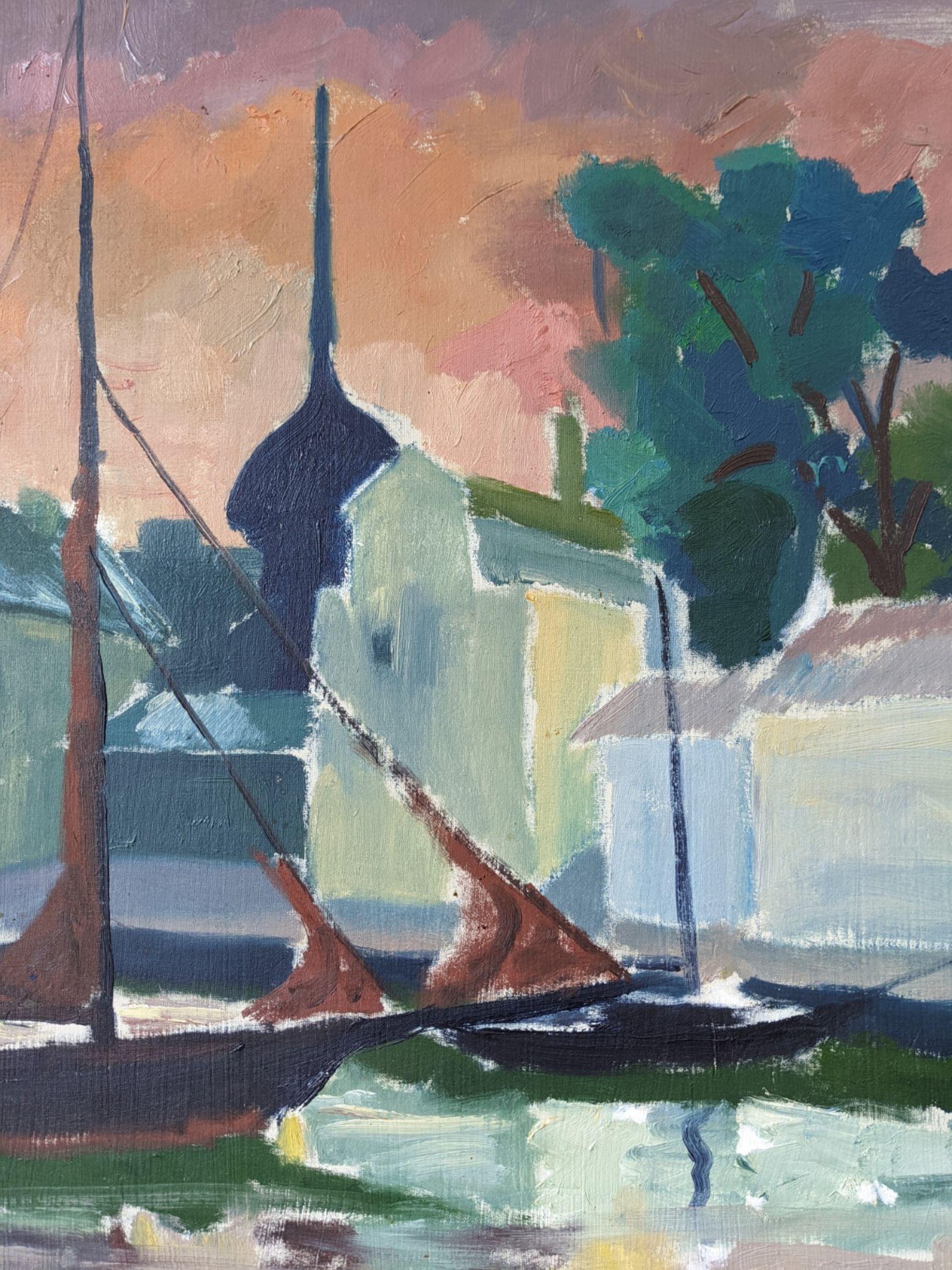 1954 Vintage Mid-Century Swedish Framed Coastal Oil Painting - Harbour Sky 2