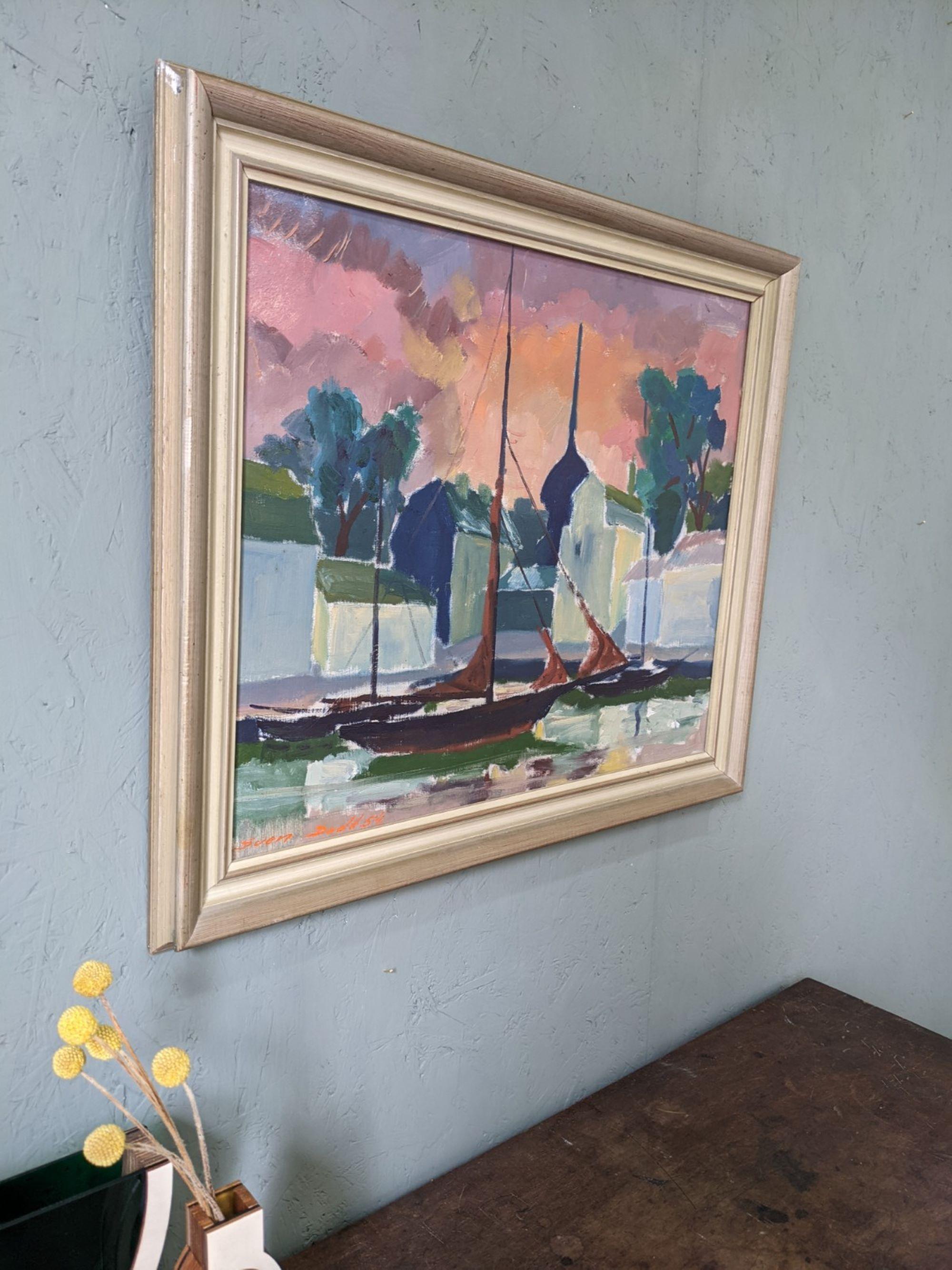1954 Vintage Mid-Century Swedish Framed Coastal Oil Painting - Harbour Sky 5