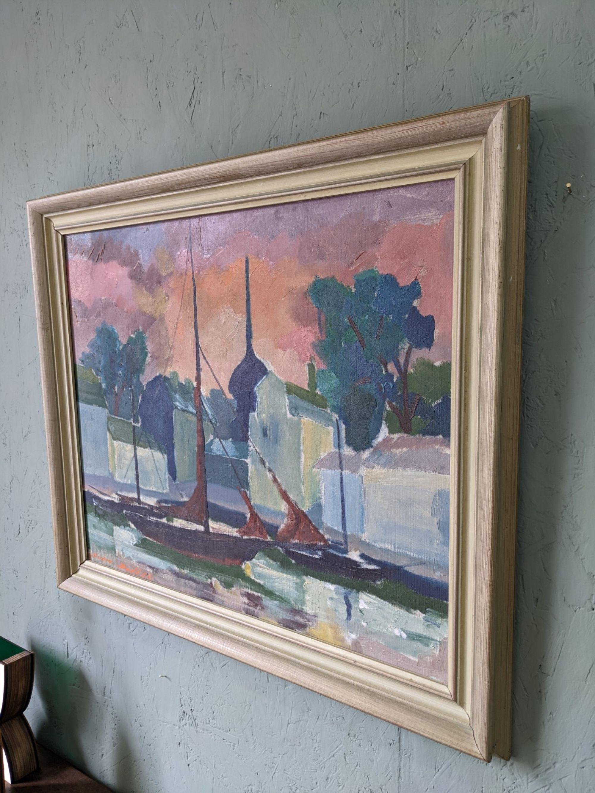 1954 Vintage Mid-Century Swedish Framed Coastal Oil Painting - Harbour Sky 6