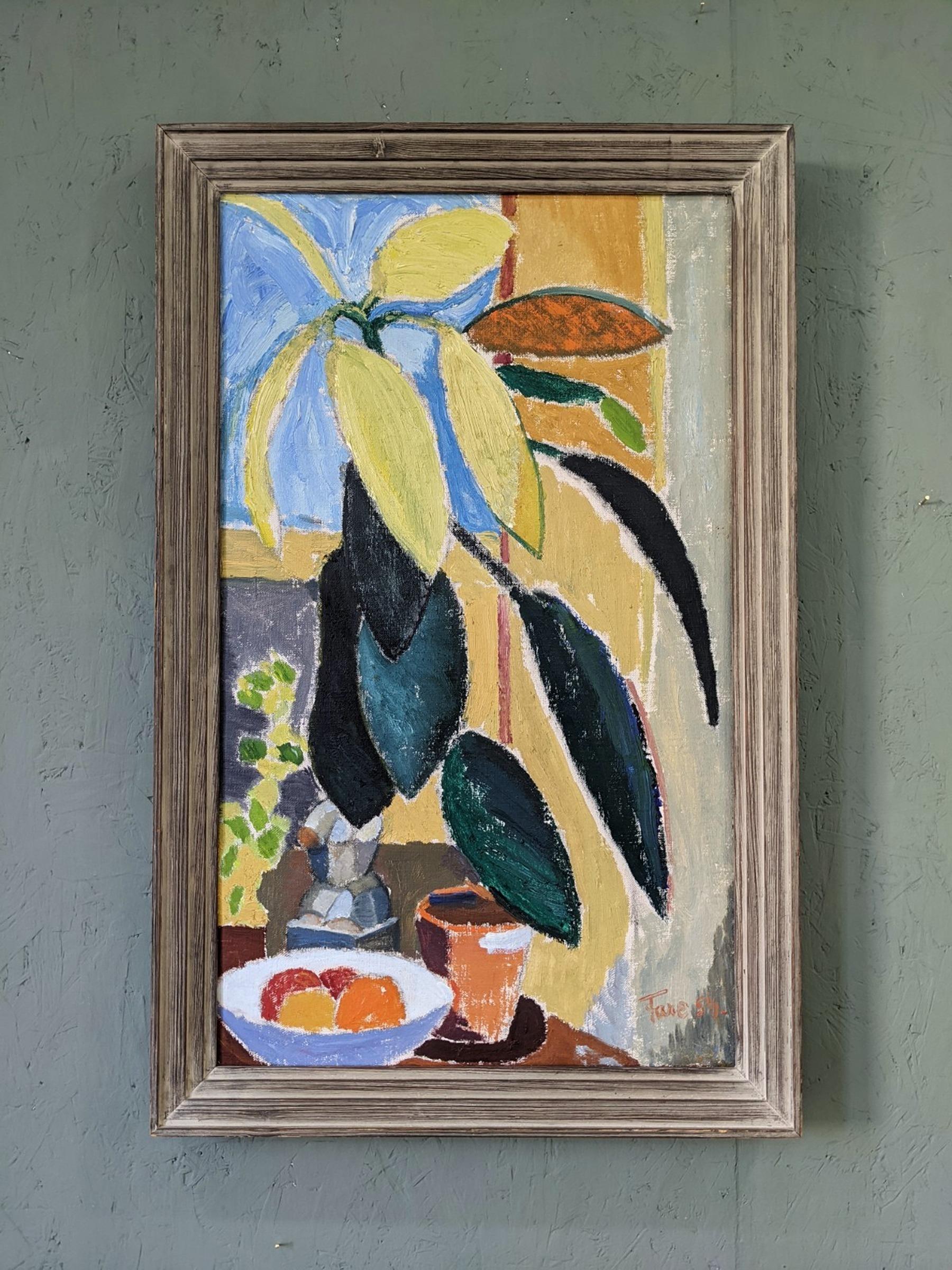 FICUS 
Size: 71 x 45 cm (including frame)
Oil on Canvas

A large and very well-executed mid-century modernist still life in oil, painted onto canvas and dated 1954.

Painted in an expressionist style with rich and vivid colouring and broad