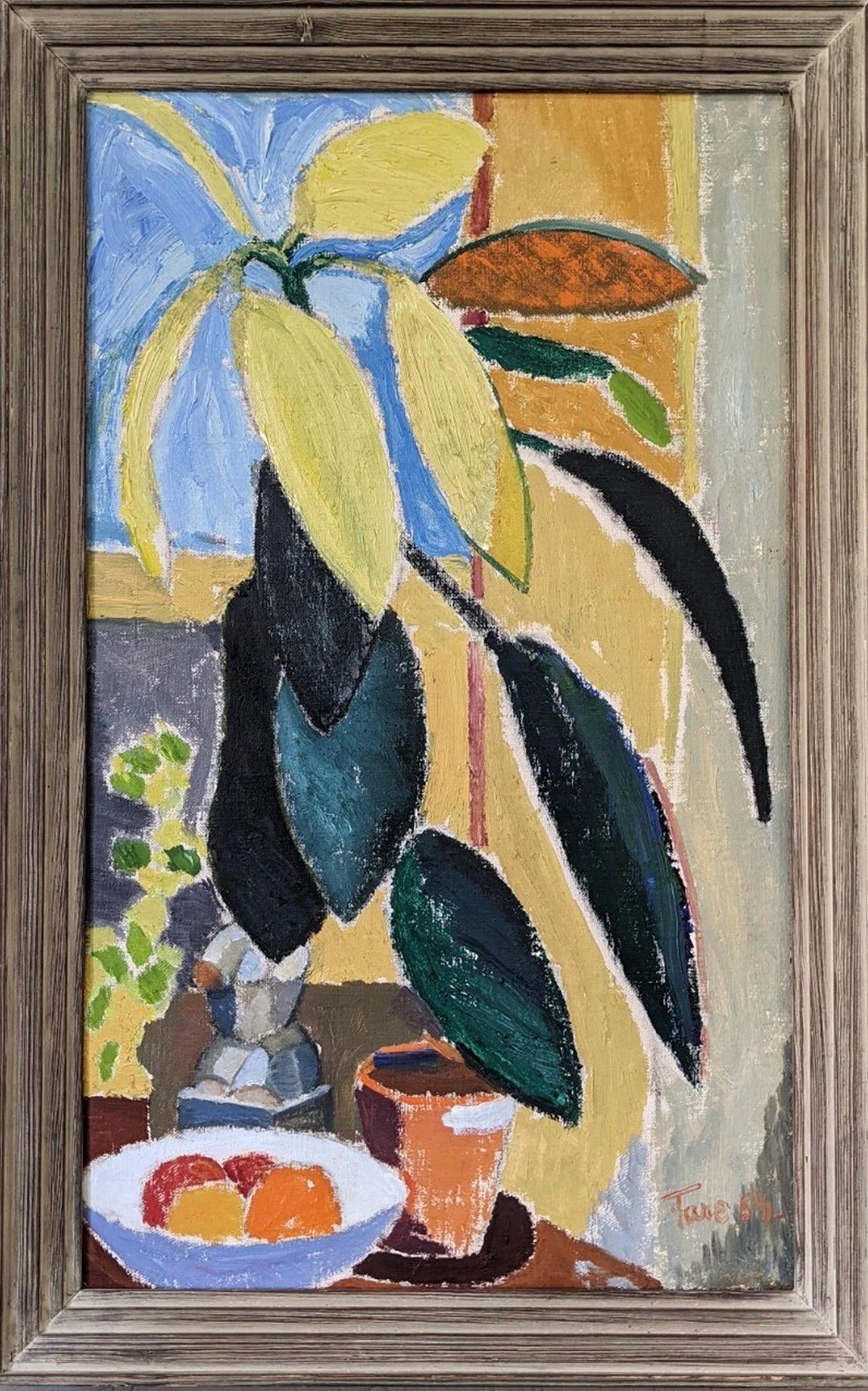 Unknown Still-Life Painting - 1954 Vintage Mid-Century Swedish Still Life Oil Painting - Ficus