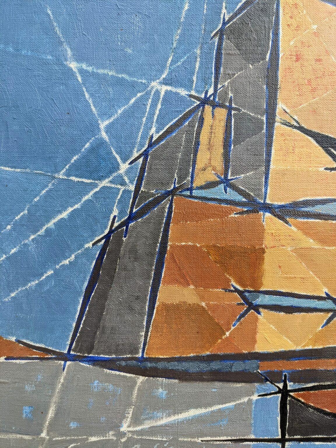 PONTOON
Size: 39 x 58 cm (including frame)
Oil on Canvas

A semi-abstract mid century geometric painting in oil, dated 1954.

Here the artist has captured an industrial marine structure, the pontoon crane. The artist has flattened the composition