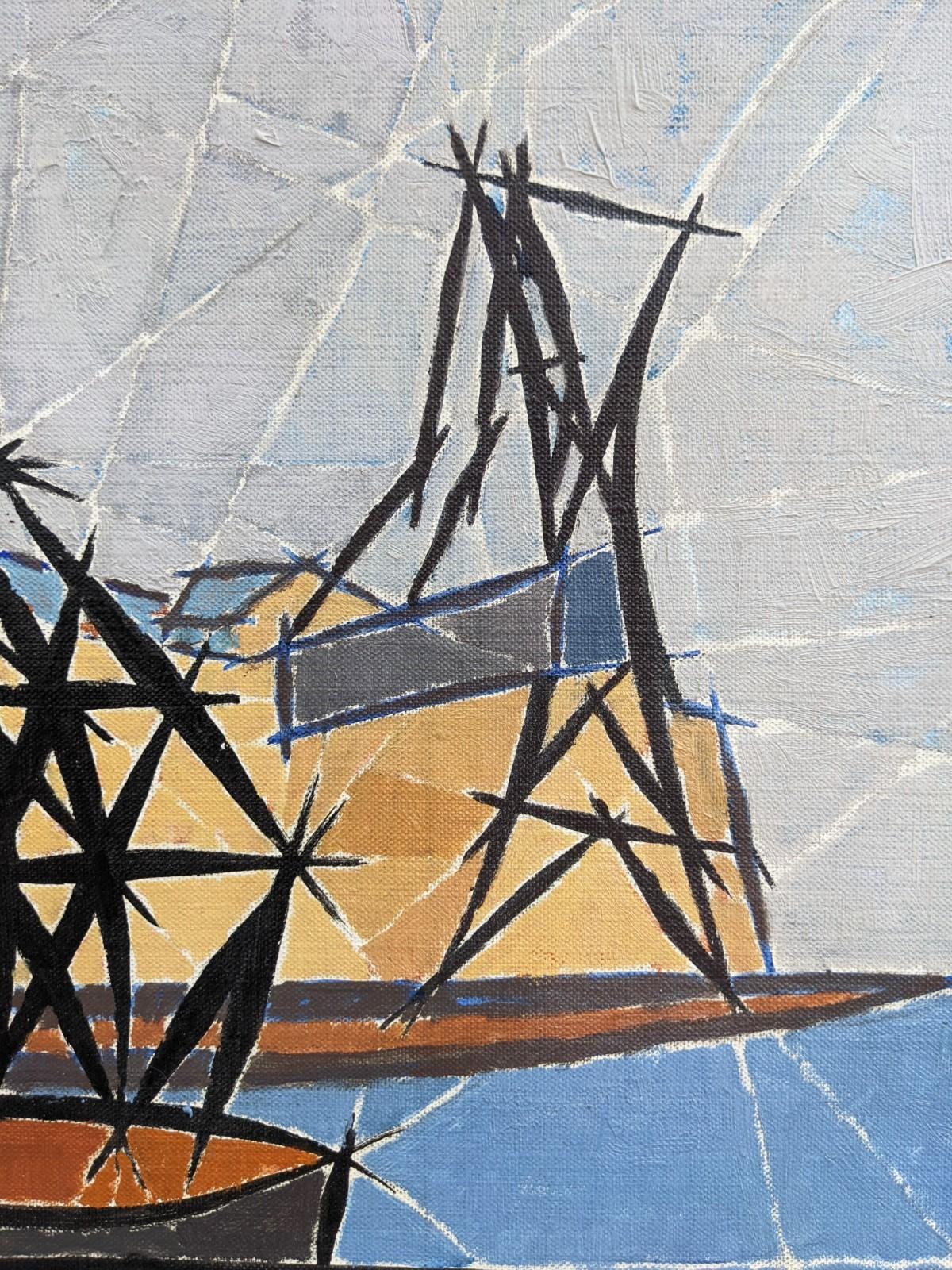 1954 Vintage Swedish Abstract Geometric Still Life Framed Oil Painting - Pontoon 2