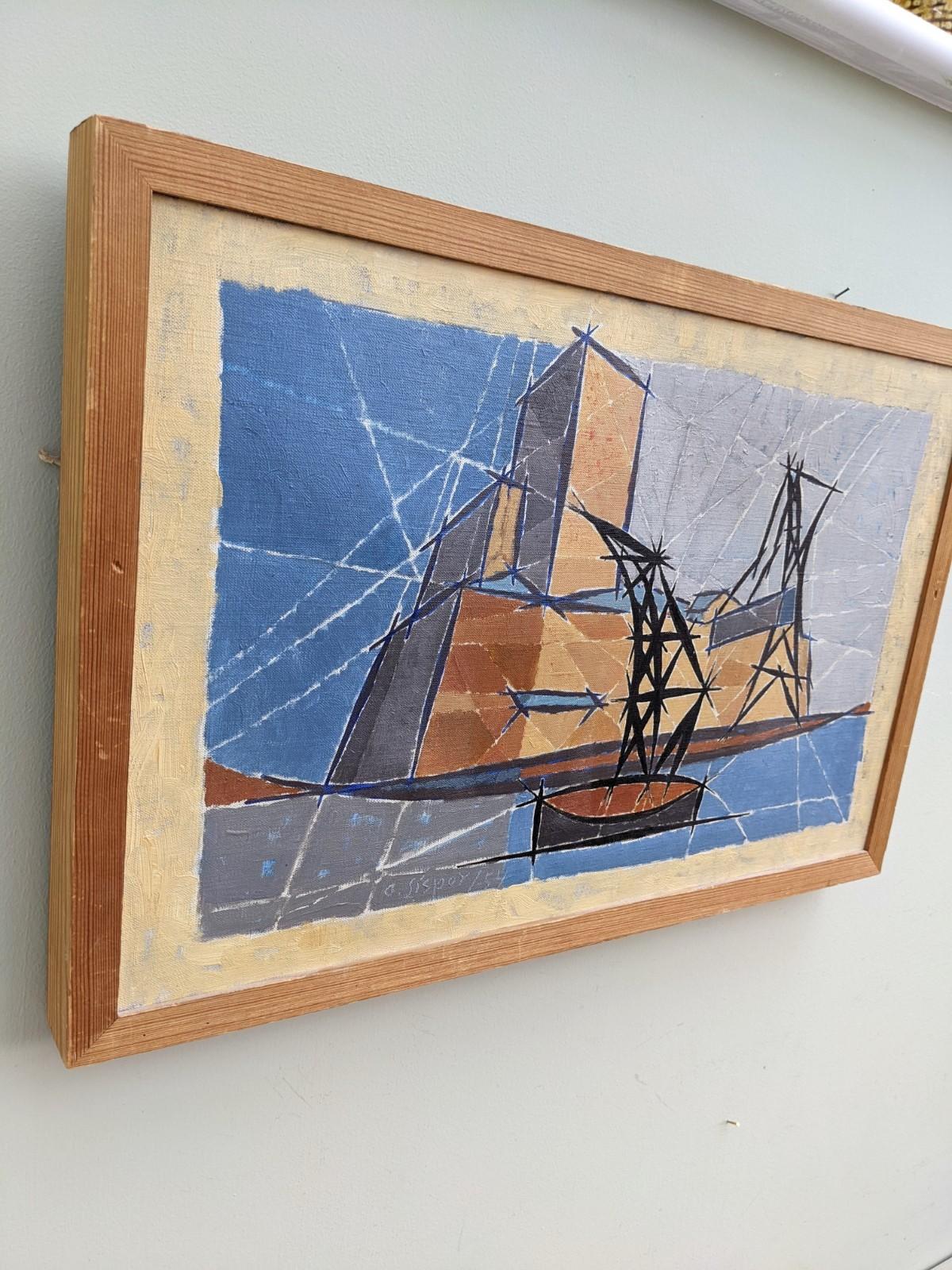 1954 Vintage Swedish Abstract Geometric Still Life Framed Oil Painting - Pontoon 3