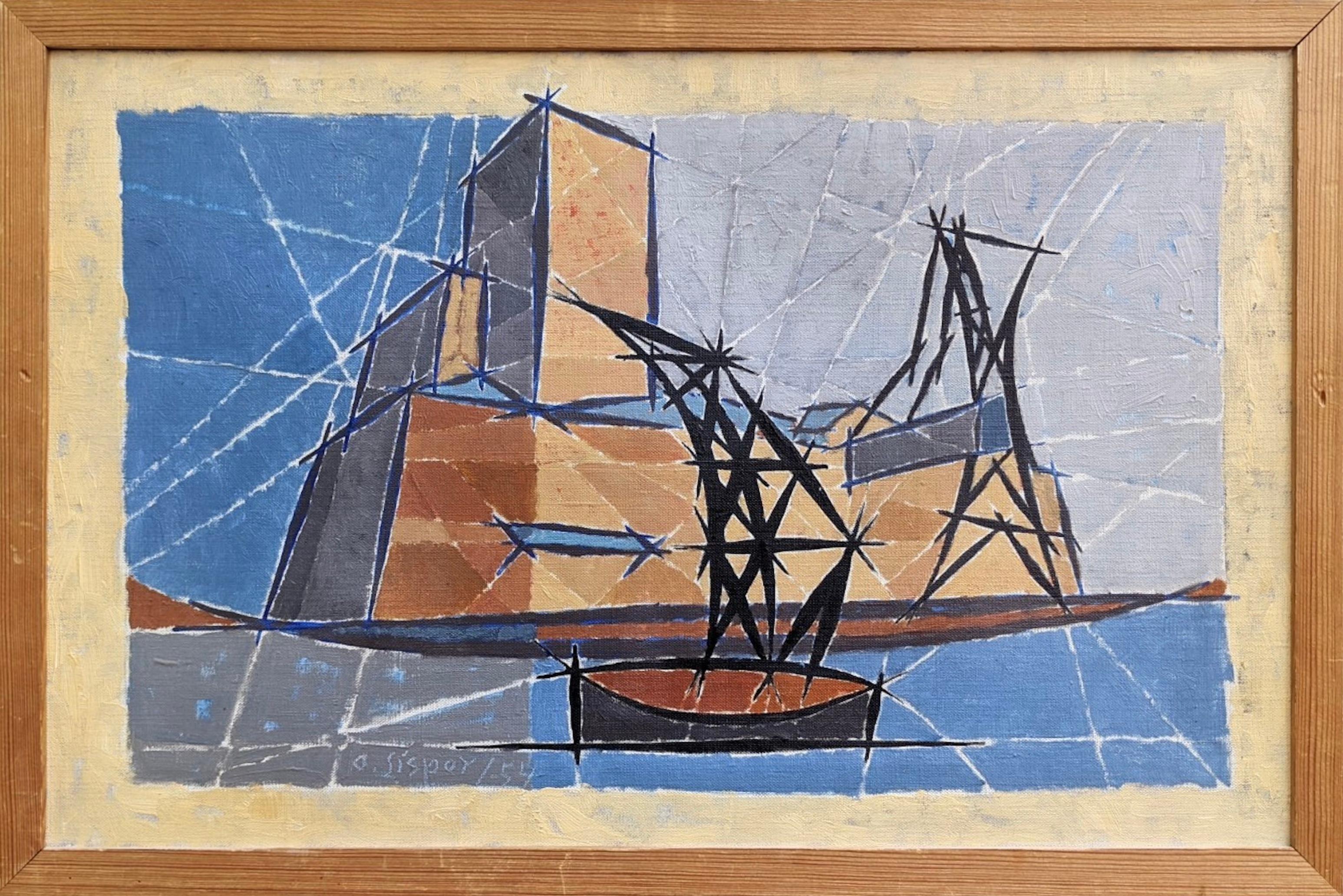Unknown Still-Life Painting - 1954 Vintage Swedish Abstract Geometric Still Life Framed Oil Painting - Pontoon