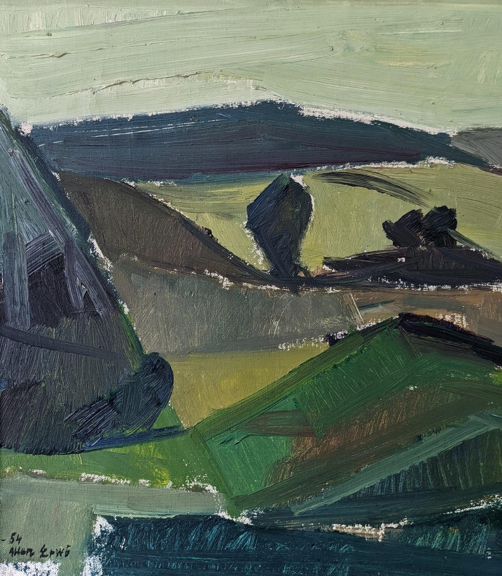 1954 Vintage Swedish Mid-Century Framed Landscape Oil Painting - Green Fields 8