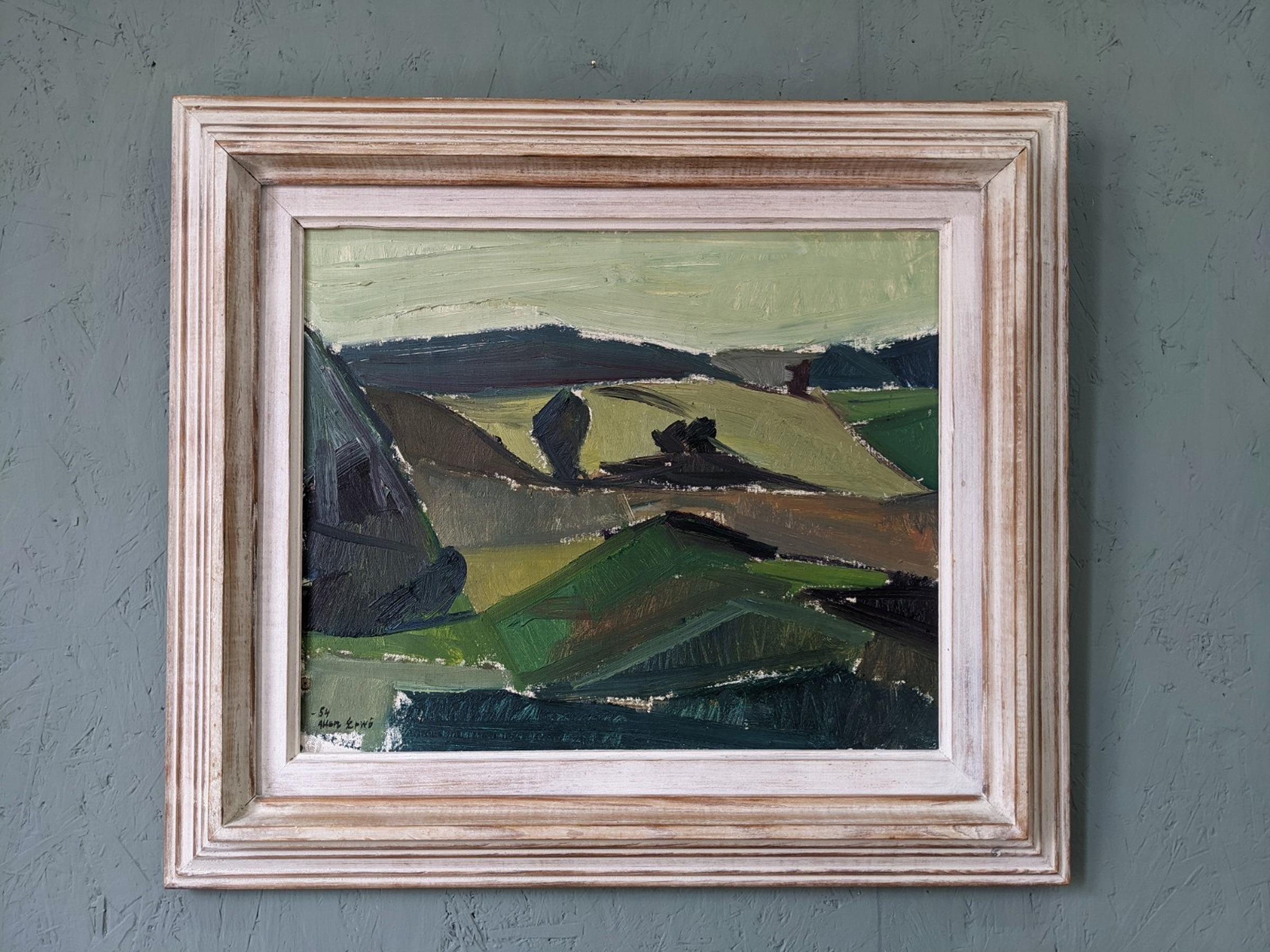 GREEN FIELDS
Size: 56 x 64 cm (including frame)
Oil on Canvas

A fantastic and very confidently executed modernist landscape, painted in oil onto canvas and dated 1954.

This landscape scene depicts an open valley filled with lush greenery, and the