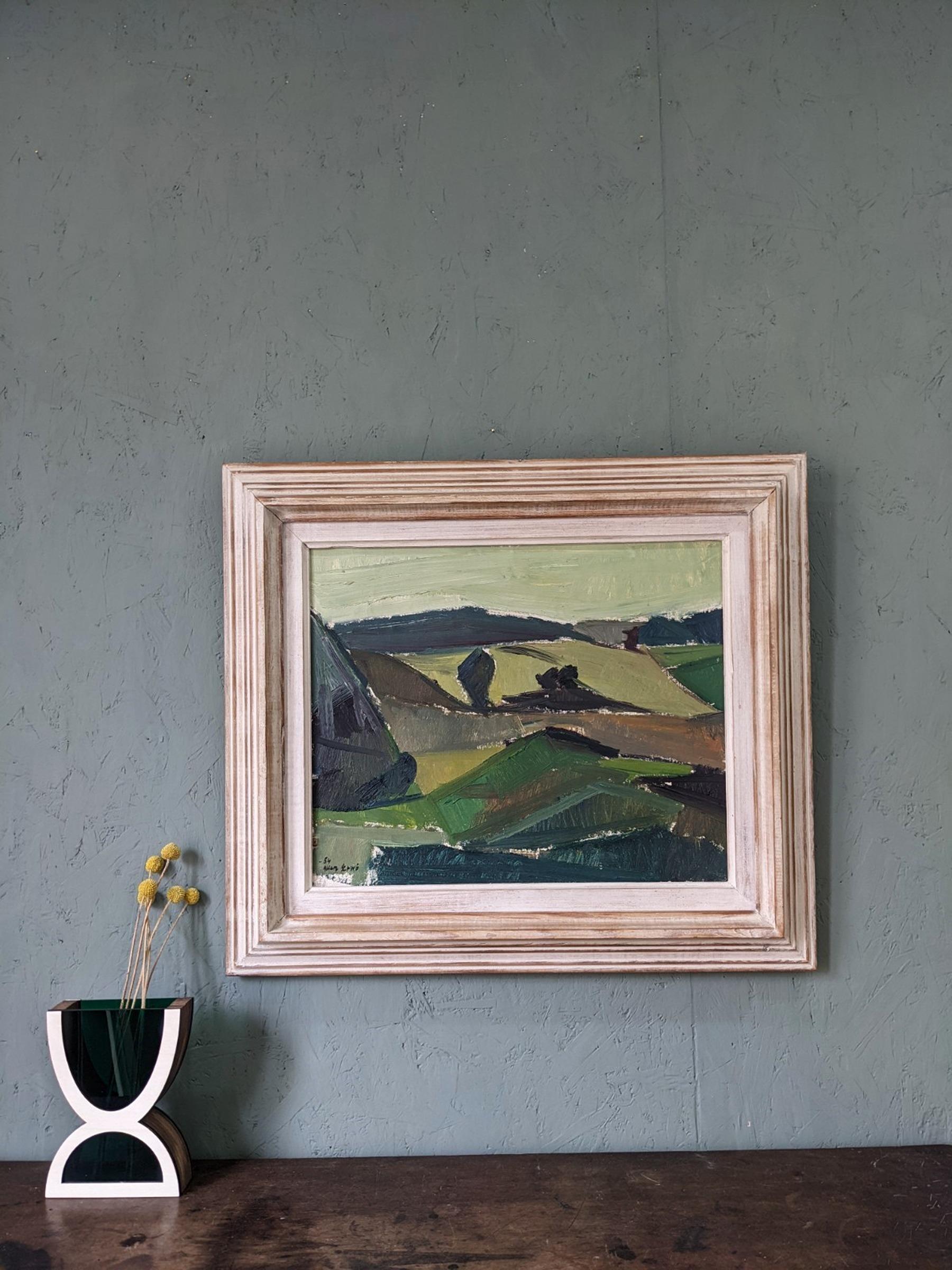 1954 Vintage Swedish Mid-Century Framed Landscape Oil Painting - Green Fields 1