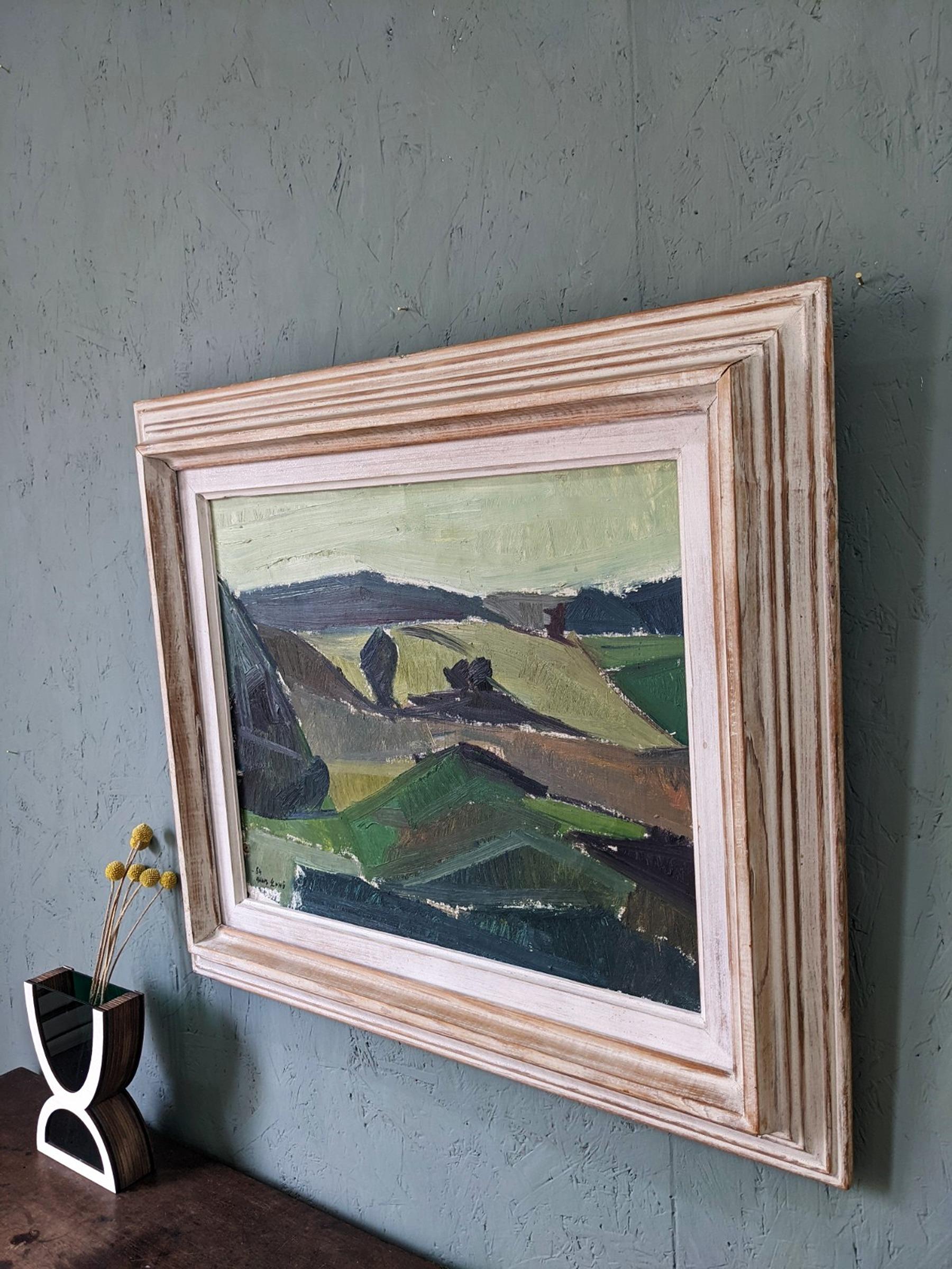 1954 Vintage Swedish Mid-Century Framed Landscape Oil Painting - Green Fields 3