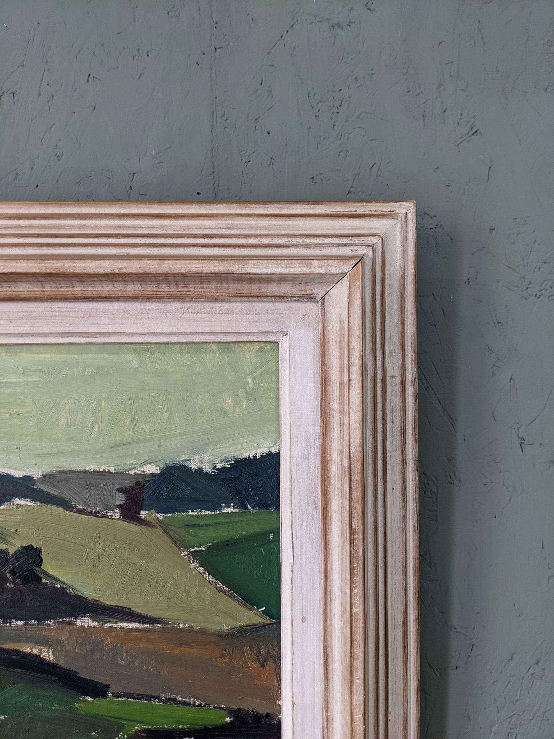 1954 Vintage Swedish Mid-Century Framed Landscape Oil Painting - Green Fields 6