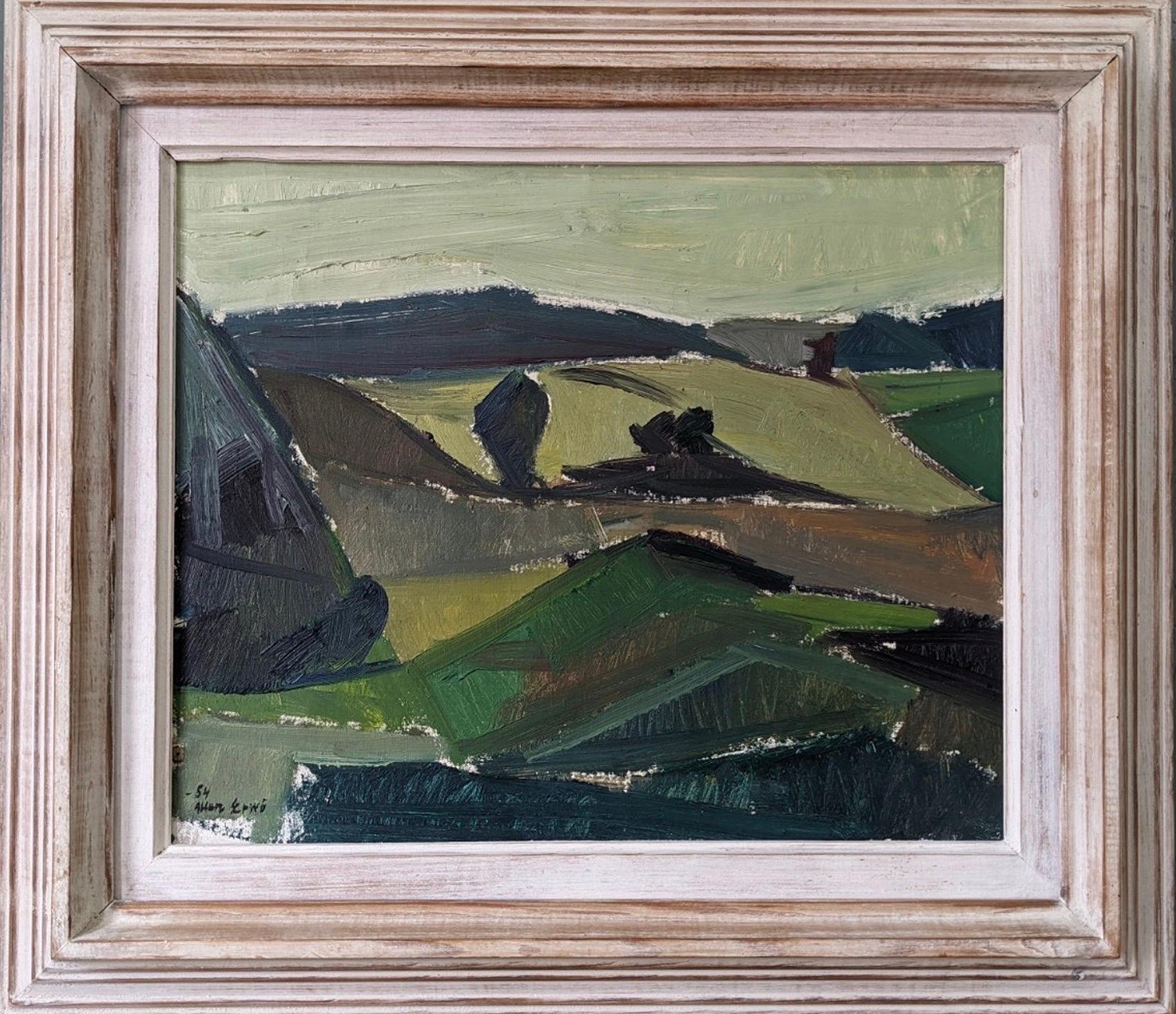 Unknown Landscape Painting - 1954 Vintage Swedish Mid-Century Framed Landscape Oil Painting - Green Fields