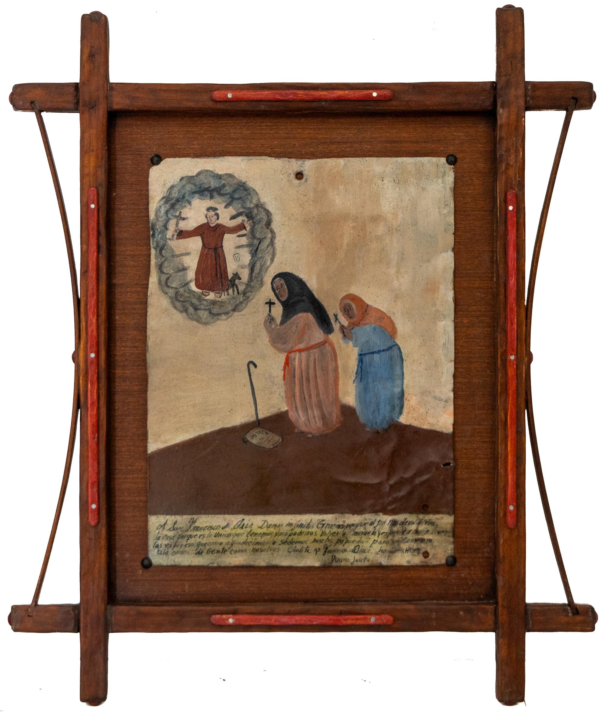 1955 Mexican Ex-Voto Retablo St. Francis Restoring a Home, Folk Art