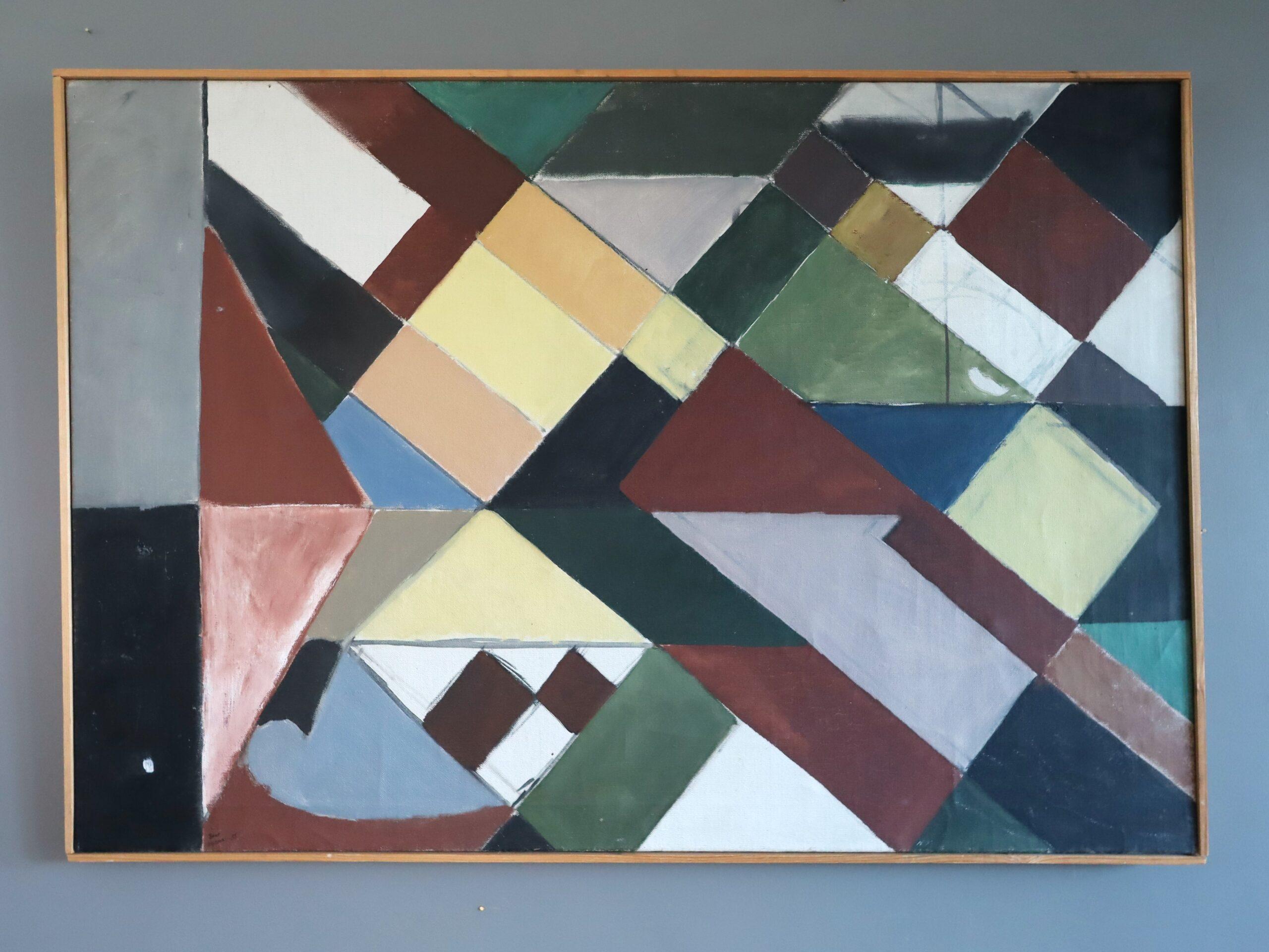 1955 Mid Century Modern Geometric Abstract Oil Painting - Intersecting Planes (Schwarz), Abstract Painting, von Unknown