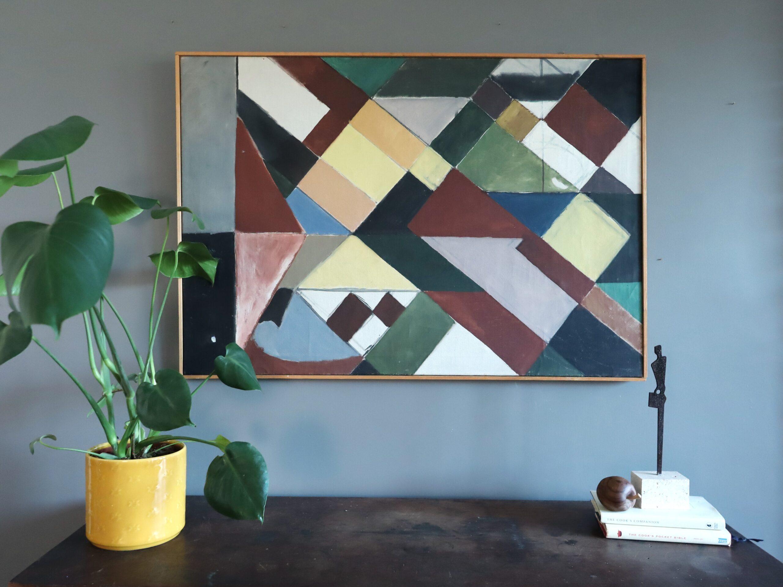 INTERSECTING PLANES
Size: 64 x 91.5 cm (including frame)
Oil on canvas

A large and very striking mid-century geometric abstract composition, painted in oil in 1955  by the established Swedish artist Bror Ingemar Fröberg (1921-1999), whose artworks