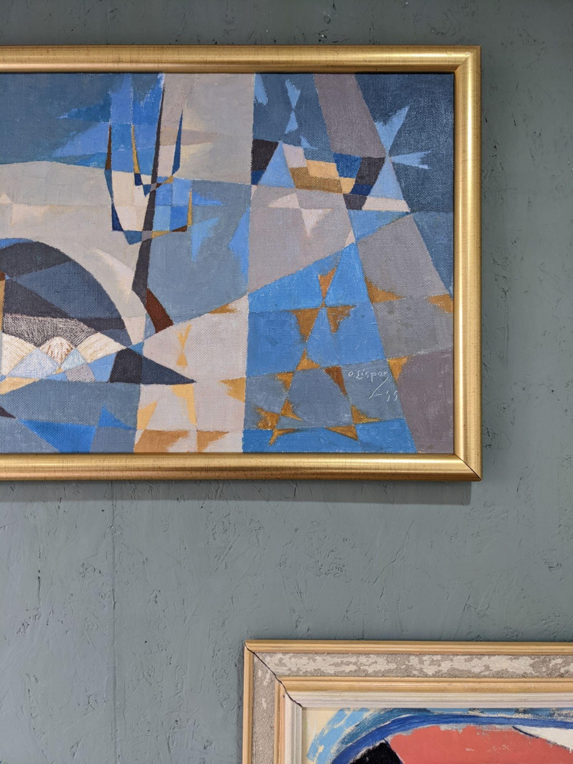 1955 Mid-Century Modern Swedish Abstract Oil Painting, Framed - Sea Bridge 10