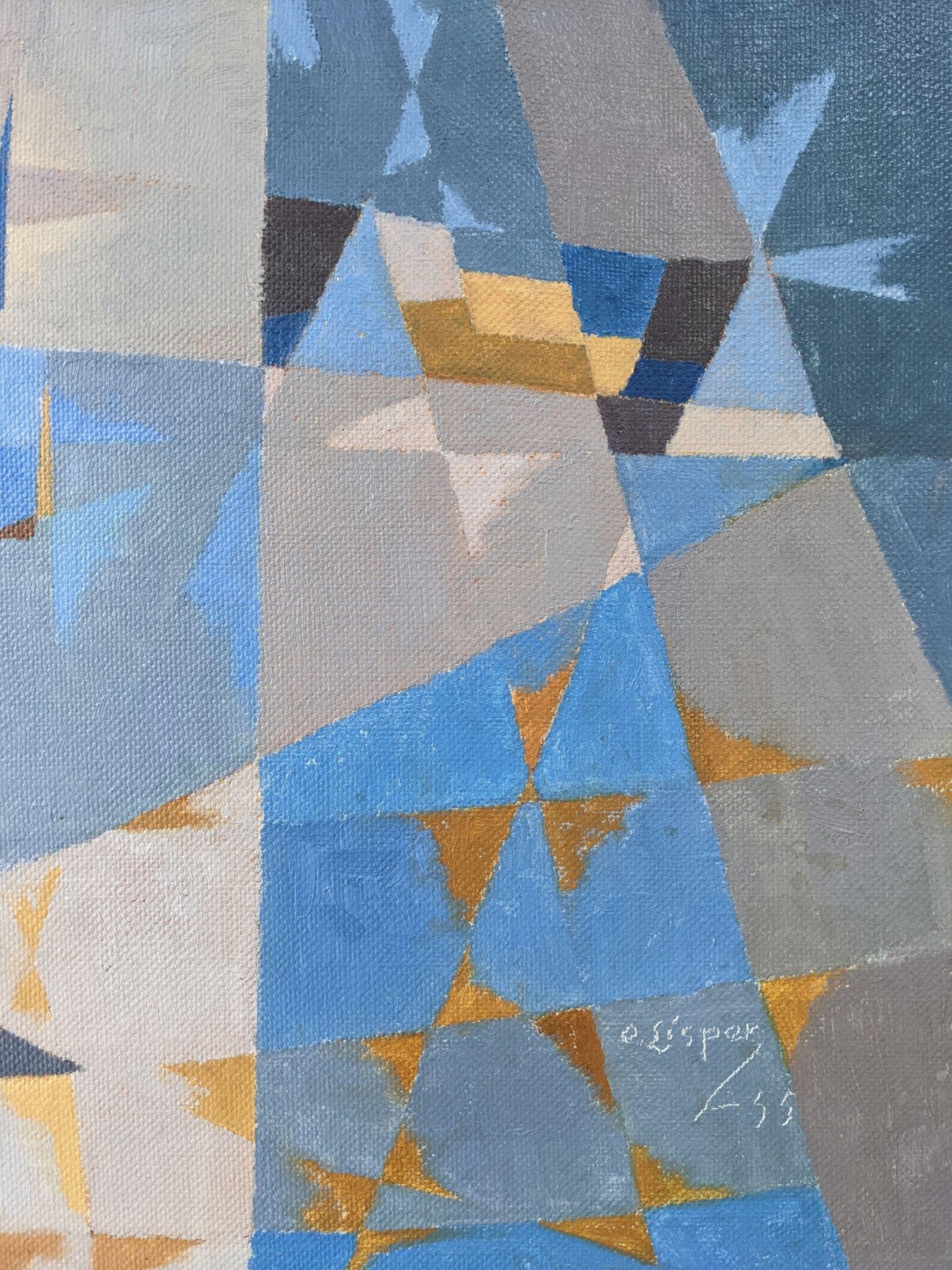 SEA BRIDGE
Size: 48.5 x 86 cm (including frame)
Oil on canvas

A fun and exceptional mid century modernist composition, executed in oil onto canvas and dated 1955.

Incorporating elements of geometric abstraction and cubism, this interesting