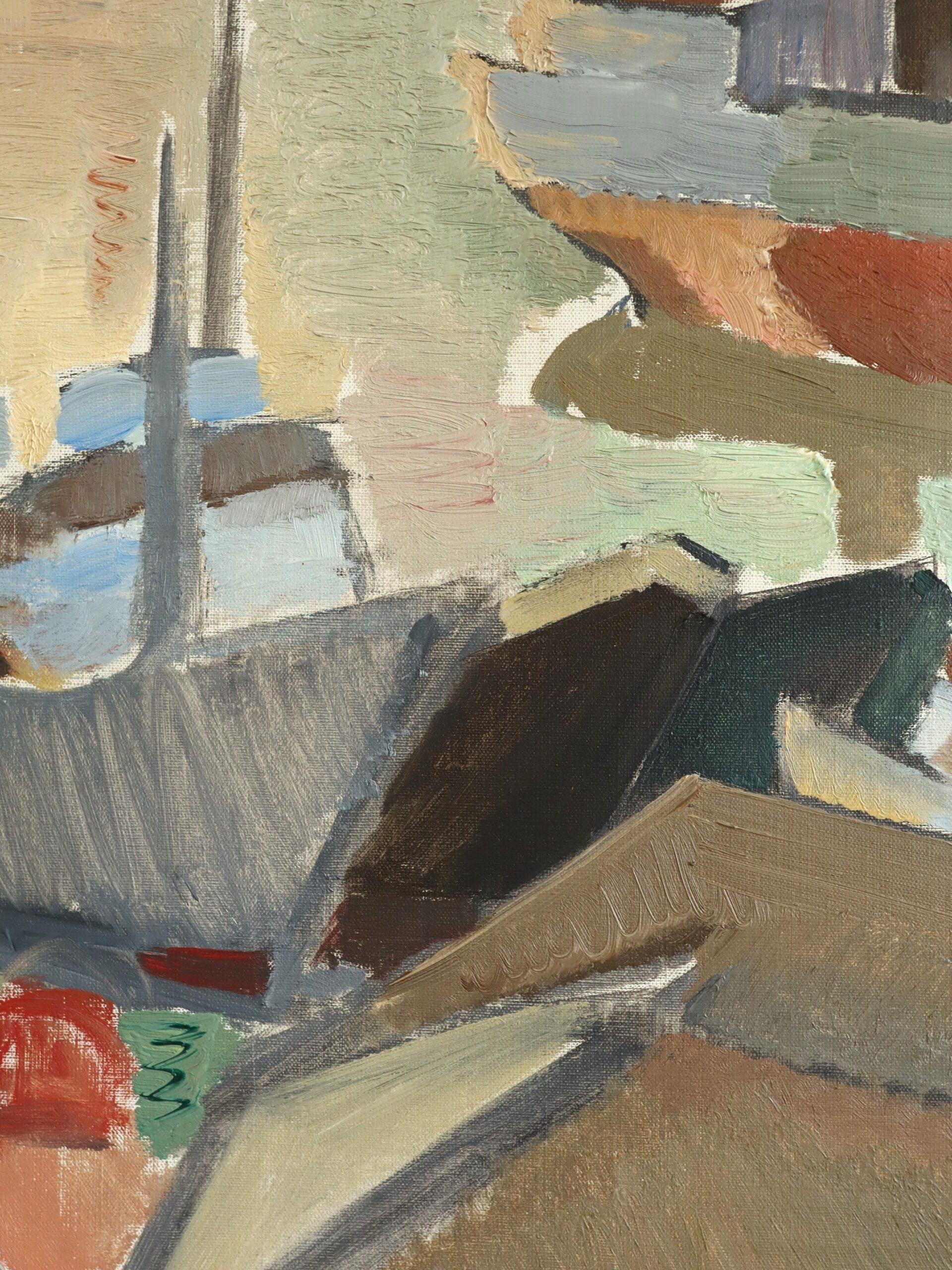 1955 Mid Century Modern Schwedisch Abstrakt Seelandschaft Ölgemälde - Evening Harbour im Angebot 5