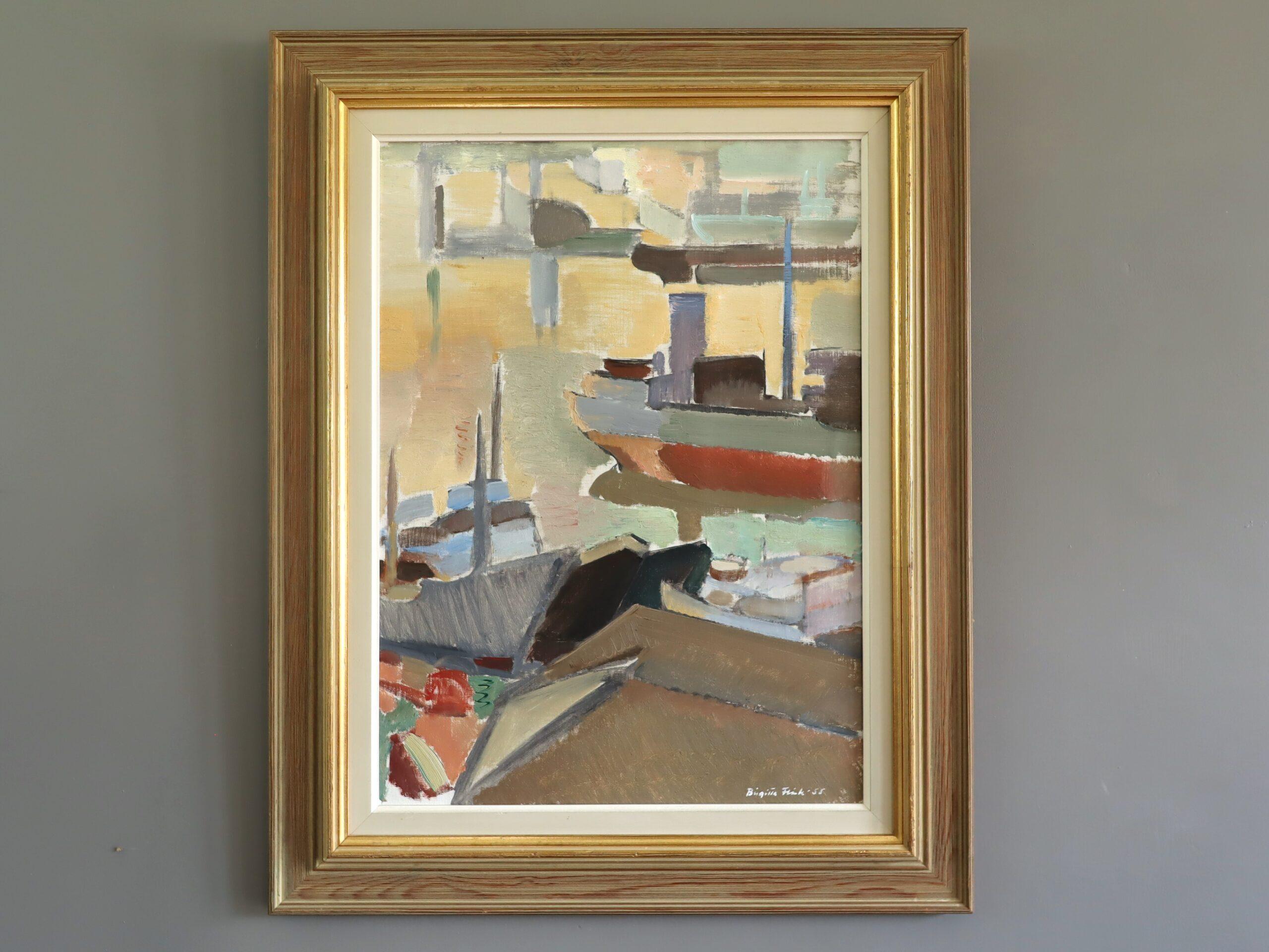 1955 Mid Century Modern Schwedisch Abstrakt Seelandschaft Ölgemälde - Evening Harbour – Painting von Unknown
