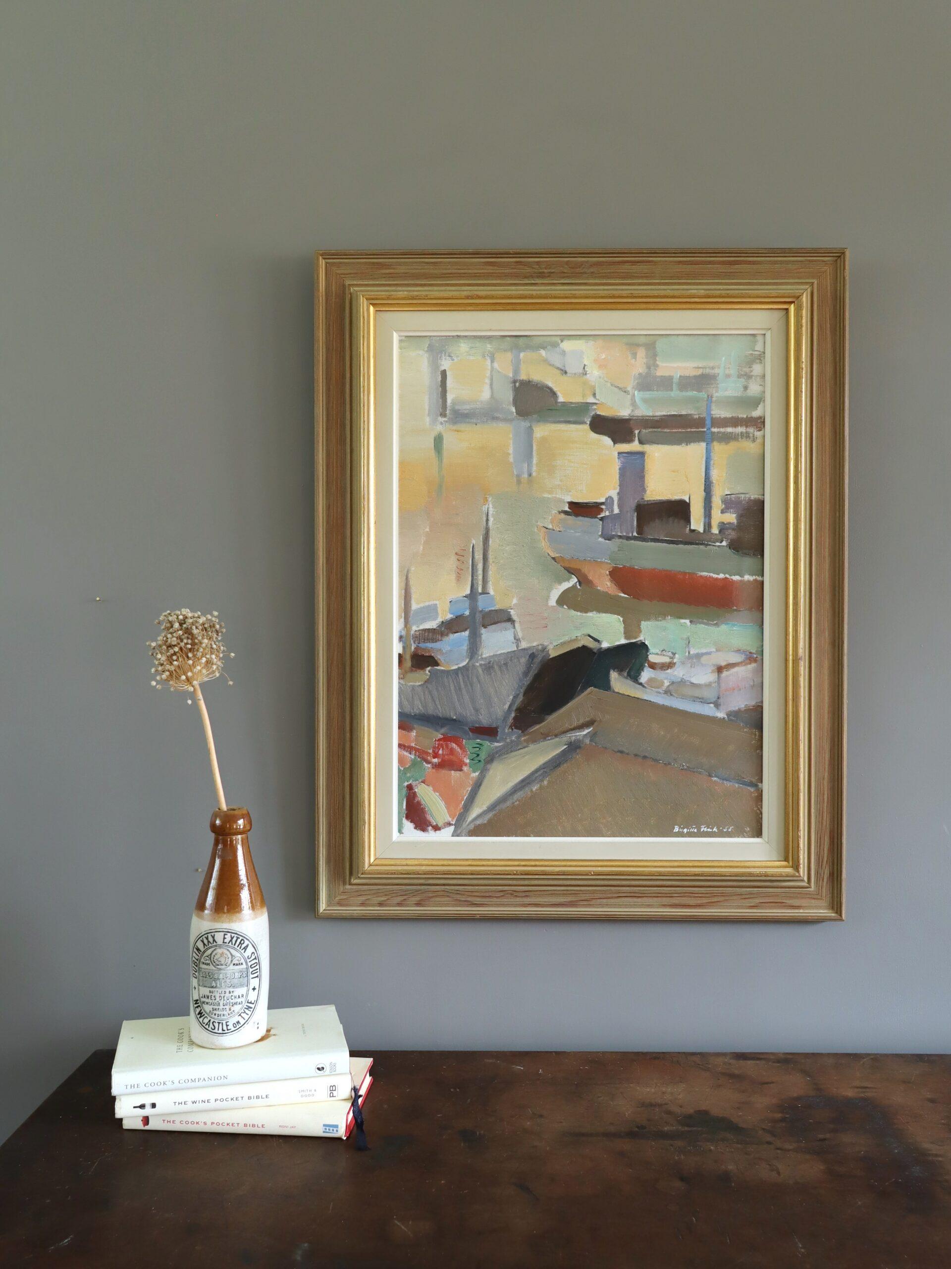 1955 Mid Century Modern Schwedisch Abstrakt Seelandschaft Ölgemälde - Evening Harbour (Moderne), Painting, von Unknown
