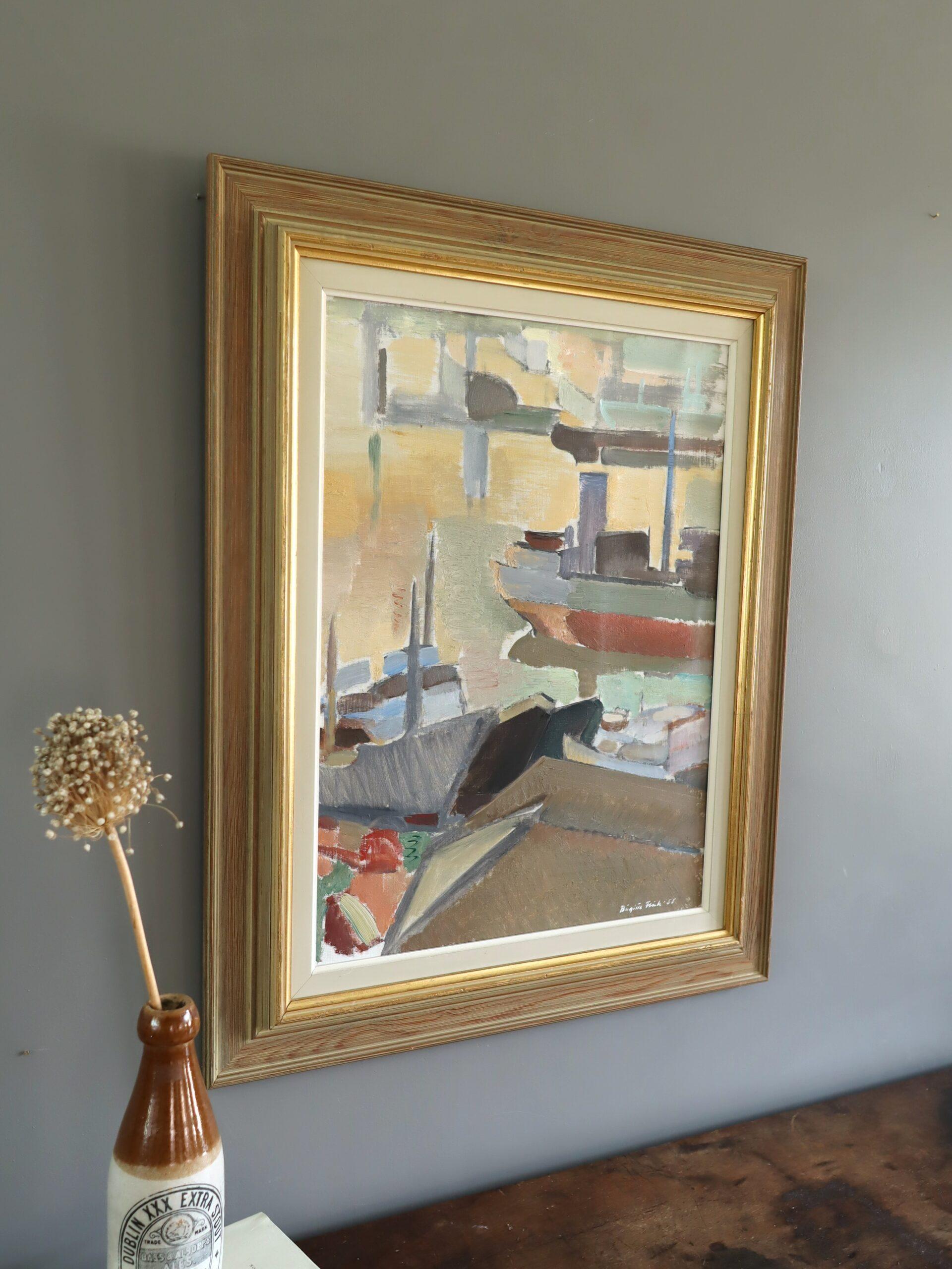 1955 Mid Century Modern Schwedisch Abstrakt Seelandschaft Ölgemälde - Evening Harbour (Braun), Landscape Painting, von Unknown