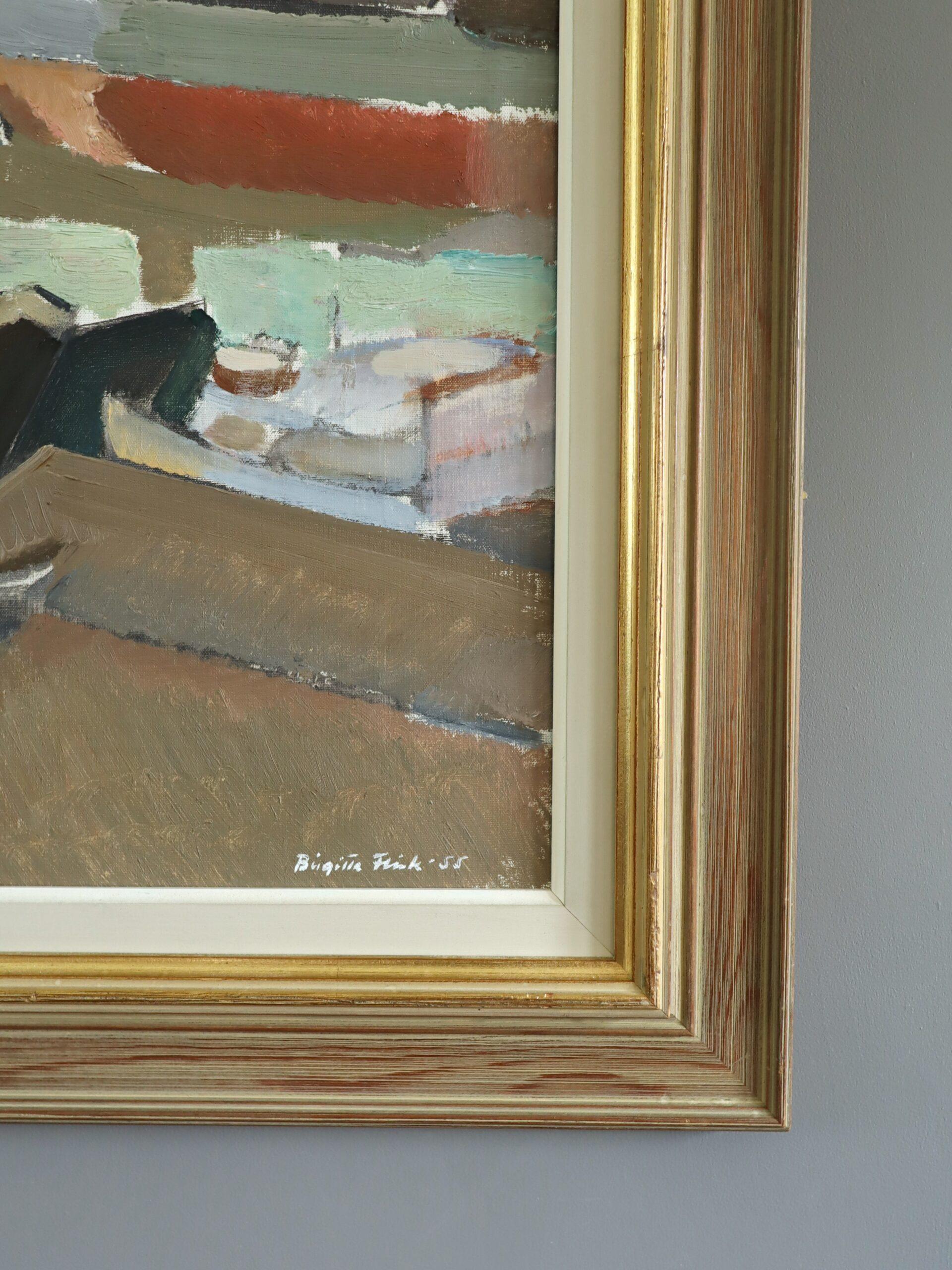 1955 Mid Century Modern Schwedisch Abstrakt Seelandschaft Ölgemälde - Evening Harbour im Angebot 2