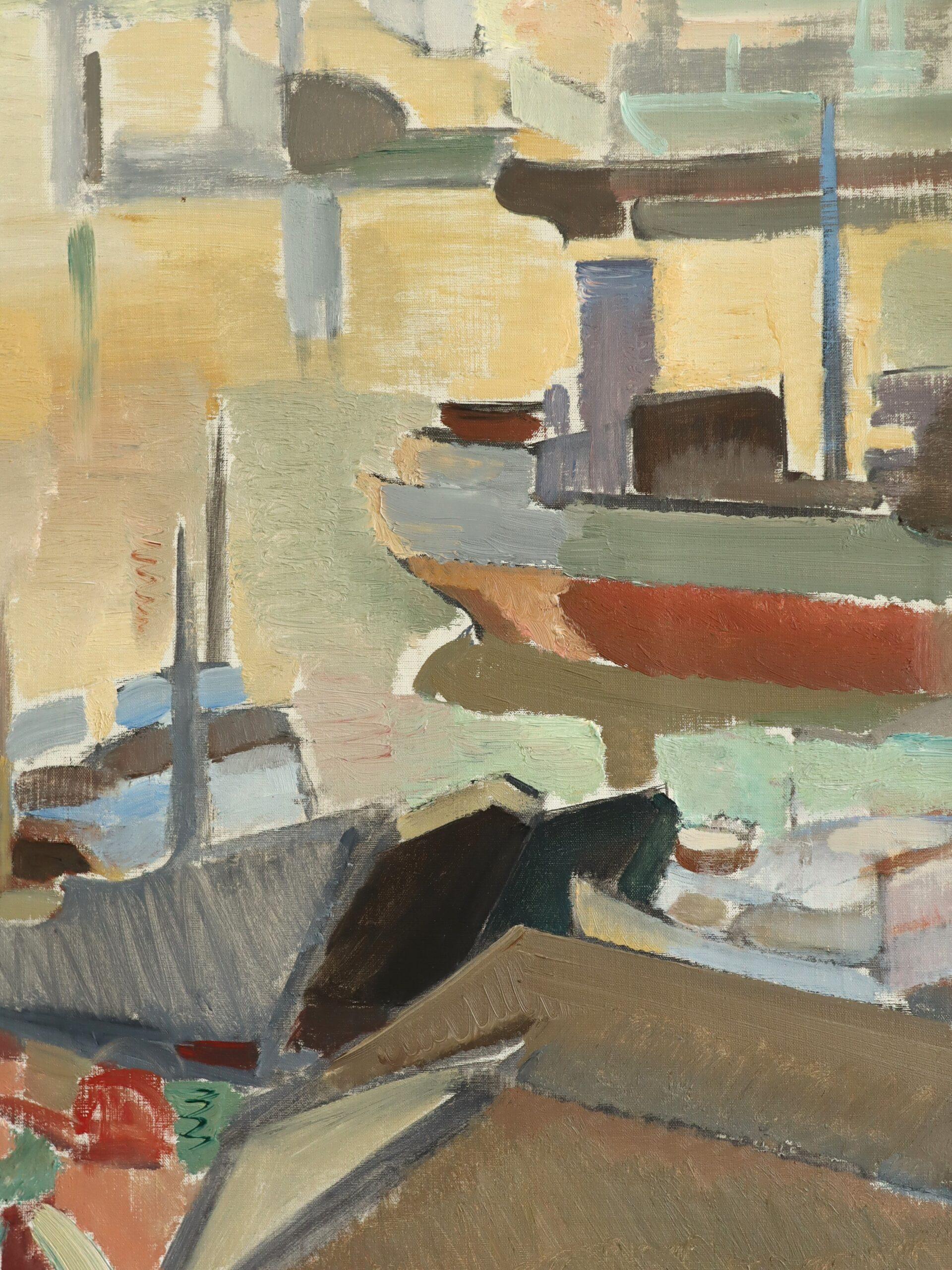 1955 Mid Century Modern Schwedisch Abstrakt Seelandschaft Ölgemälde - Evening Harbour im Angebot 3