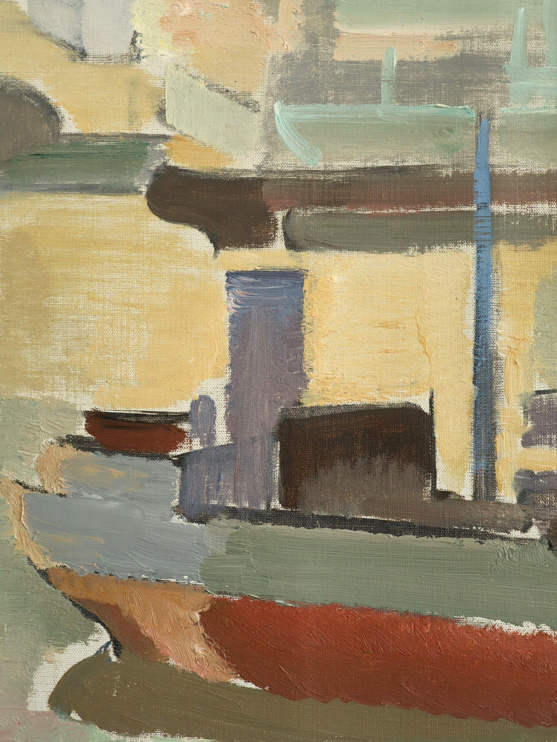 1955 Mid Century Modern Schwedisch Abstrakt Seelandschaft Ölgemälde - Evening Harbour im Angebot 4