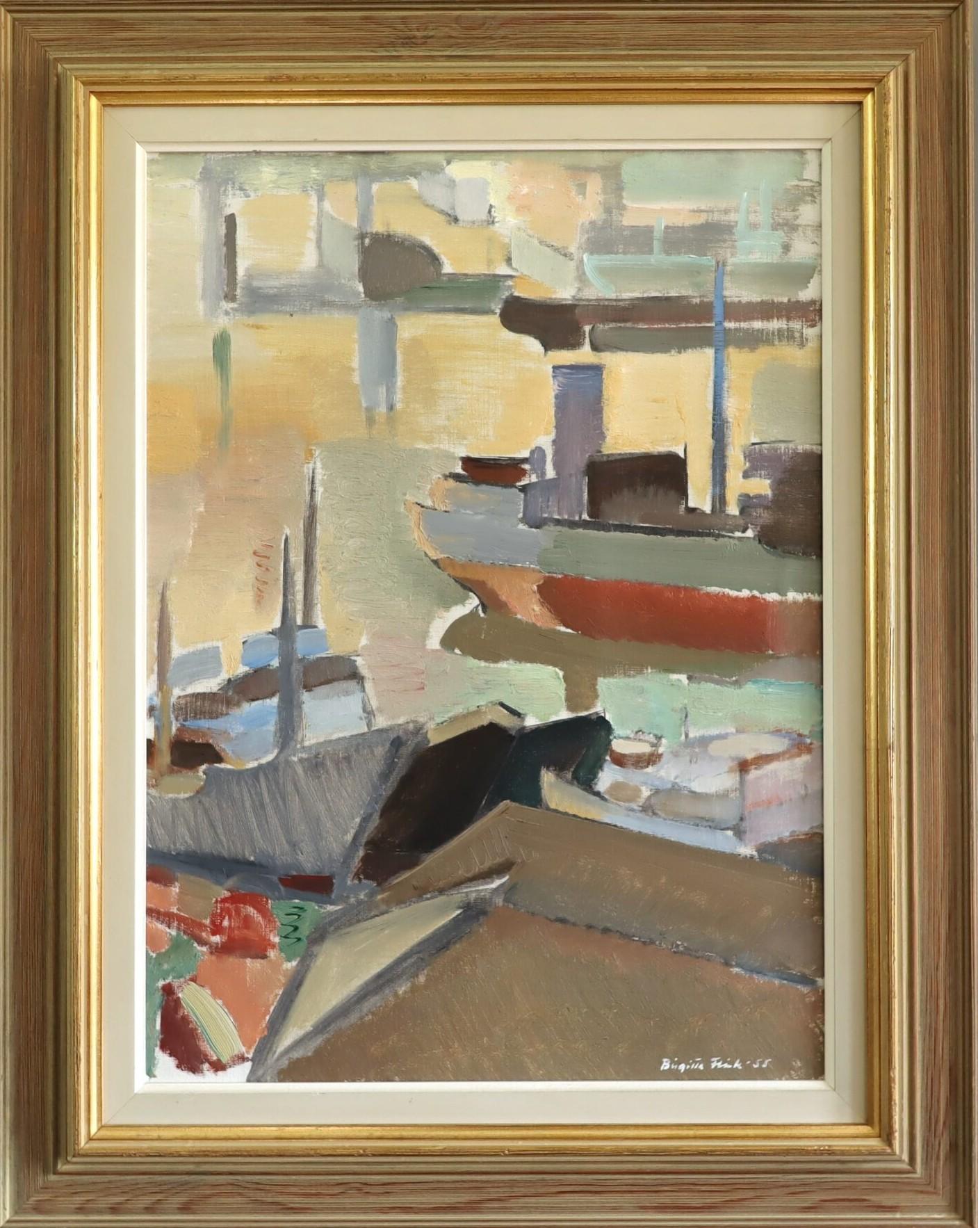 1955 Mid Century Modern Swedish Abstract Seascape Oil Painting - Evening Harbour