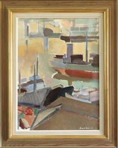 1955 Mid Century Modern Swedish Abstract Seascape Oil Painting - Evening Harbour