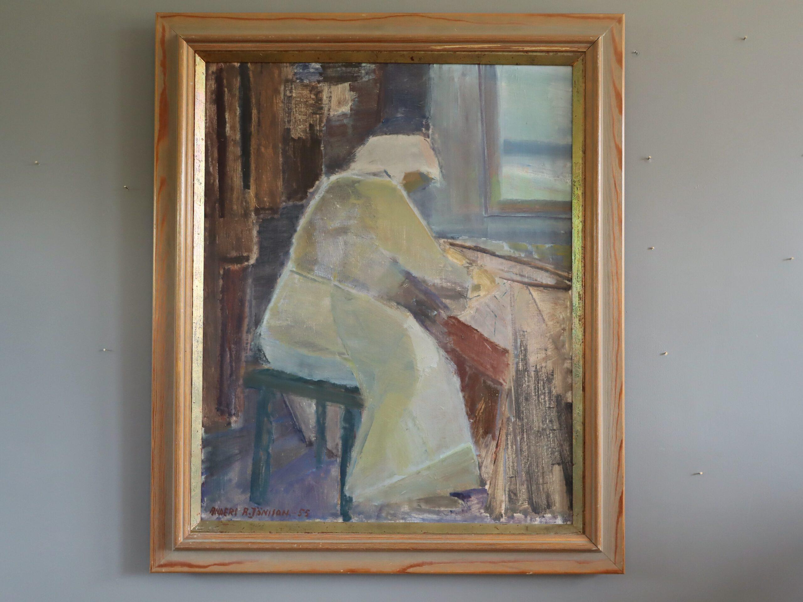 1955 Mid Century Modern Swedish Figurative Oil Painting - A Moment to Herself - Brown Figurative Painting by Unknown