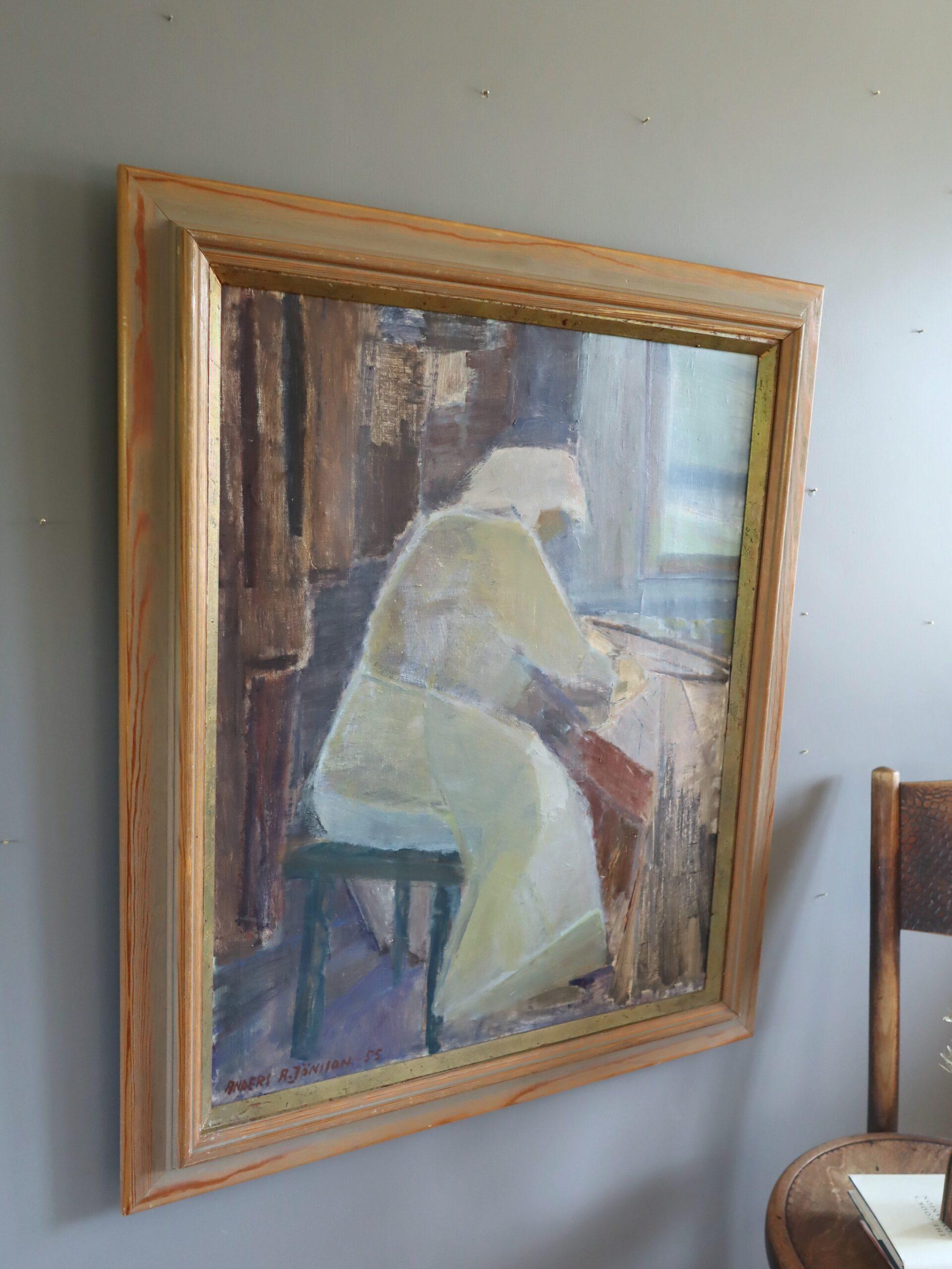 1955 Mid Century Modern Swedish Figurative Oil Painting - A Moment to Herself For Sale 1