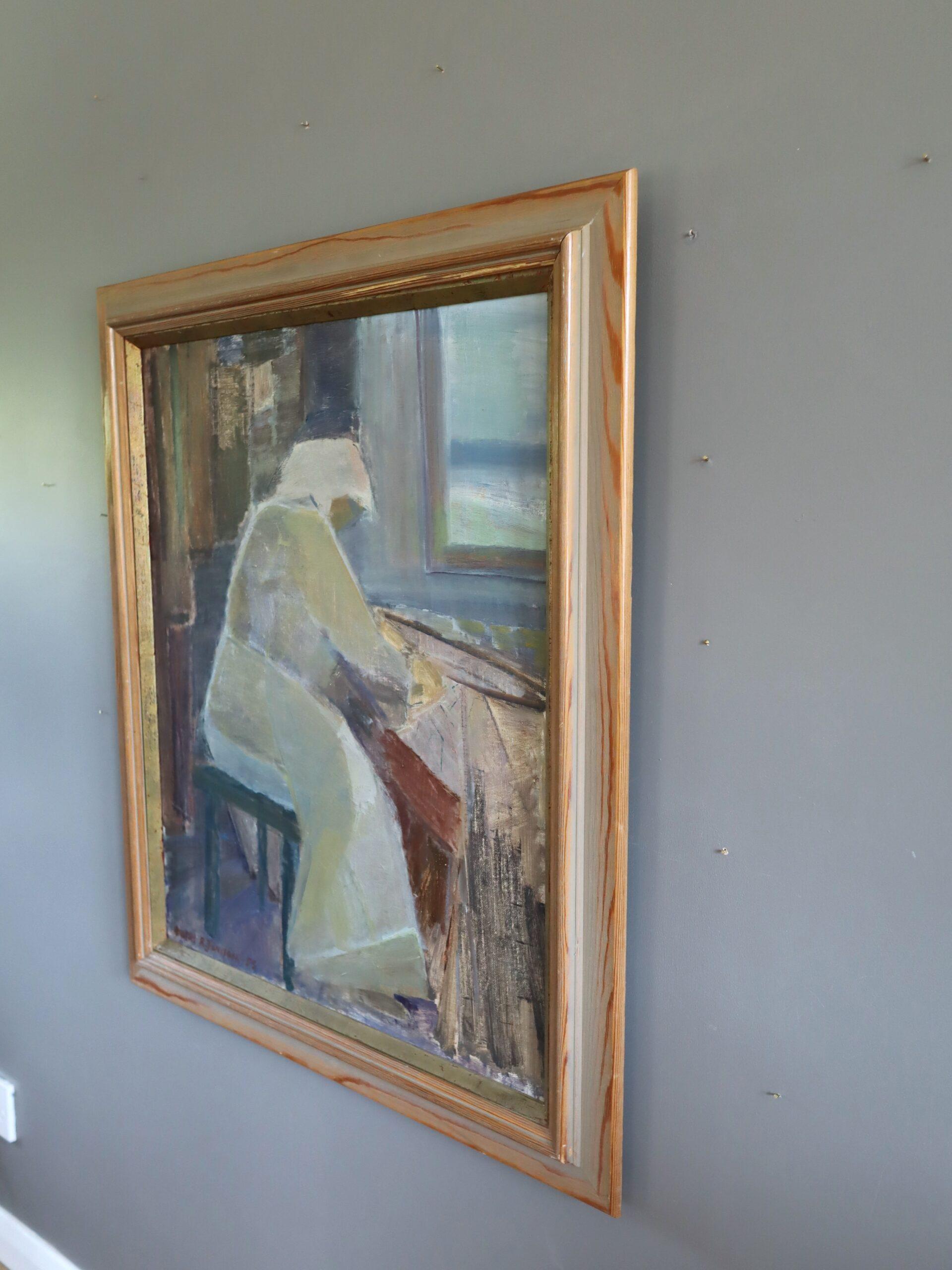 1955 Mid Century Modern Swedish Figurative Oil Painting - A Moment to Herself For Sale 2