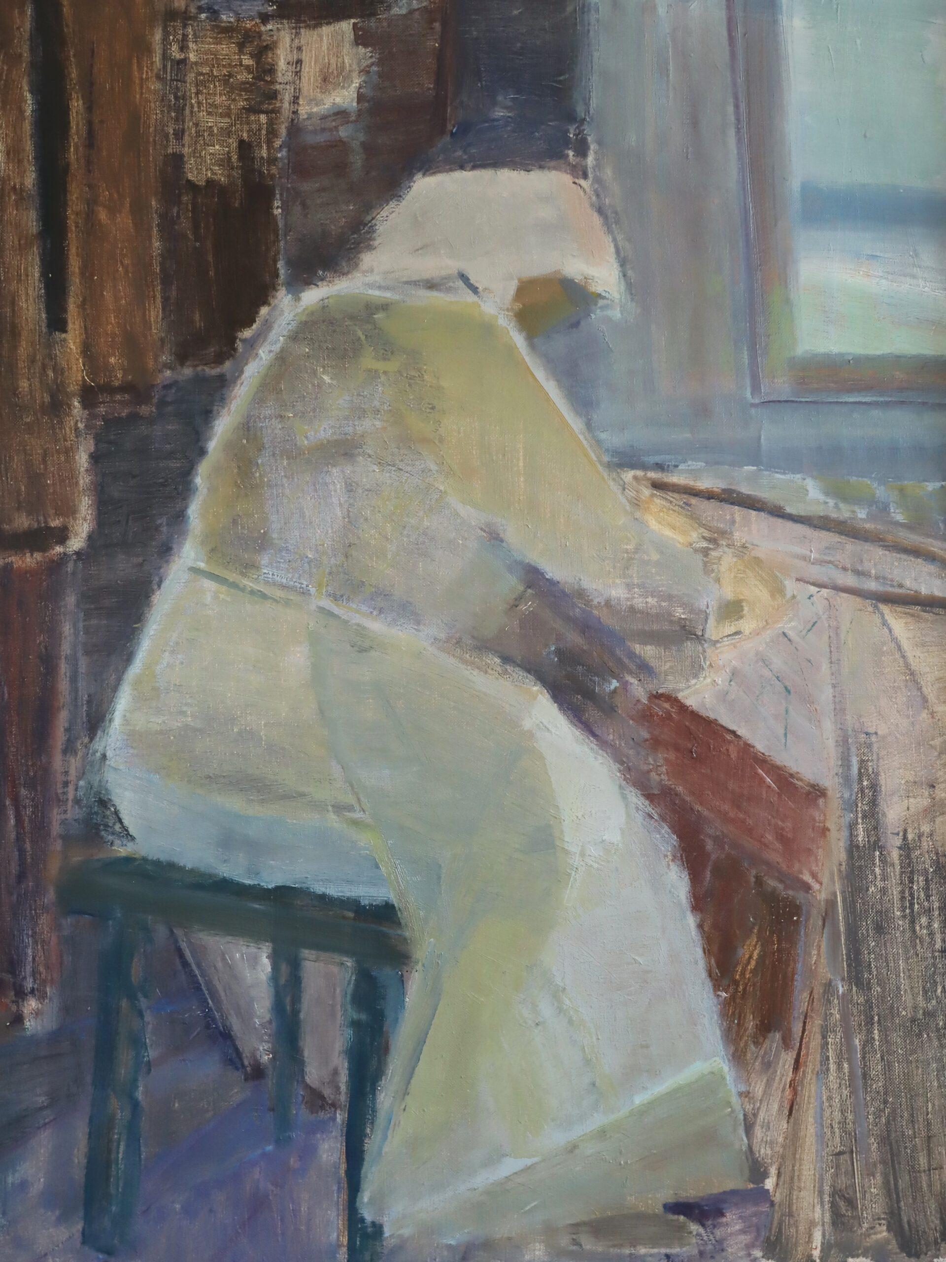 1955 Mid Century Modern Swedish Figurative Oil Painting - A Moment to Herself For Sale 5