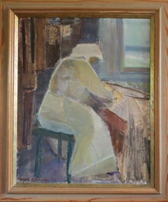 Vintage 1955 Mid Century Modern Swedish Figurative Oil Painting - A Moment to Herself