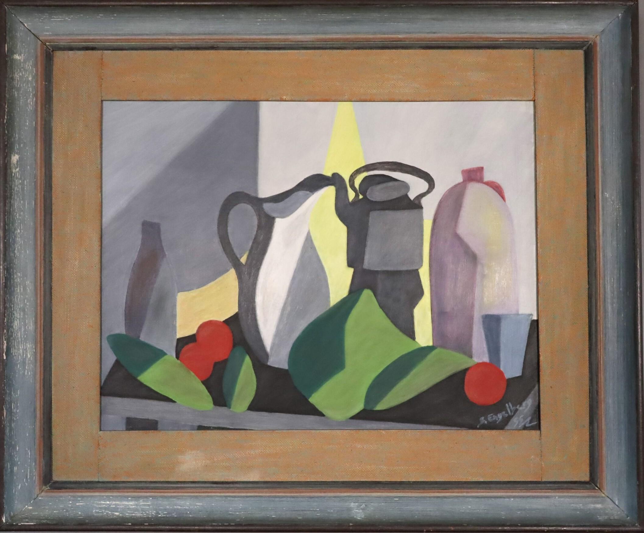 1955 Mid Century Modern Swedish Original Oil Painting - Still Life Elements
