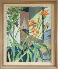 1955 Mid Century Modern Swedish Still Life Oil Painting - Daylilies in Sunlight