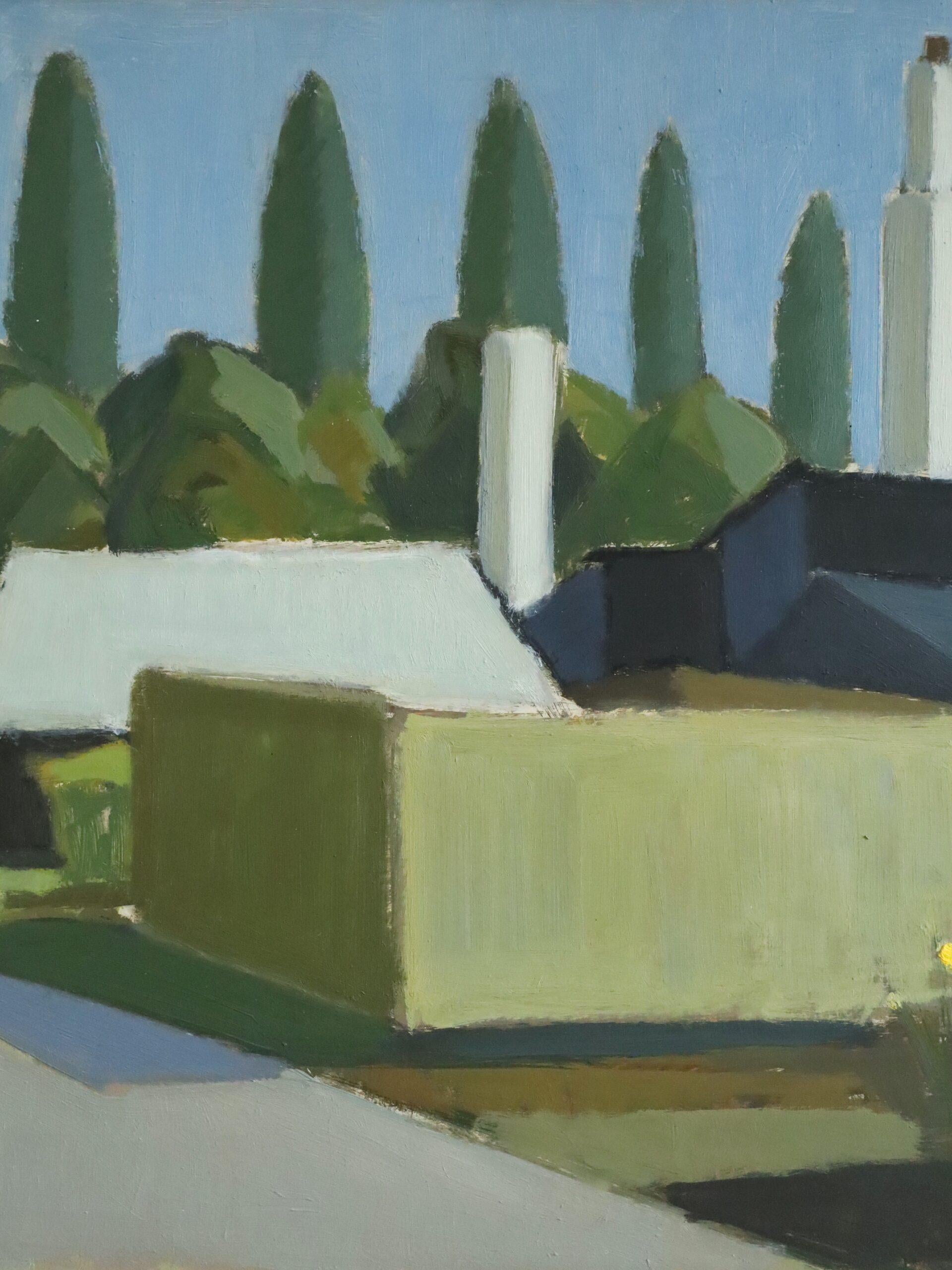 1955 Mid Century Modern Vintage Landscape Oil Painting - Chimneys & Cypress For Sale 7