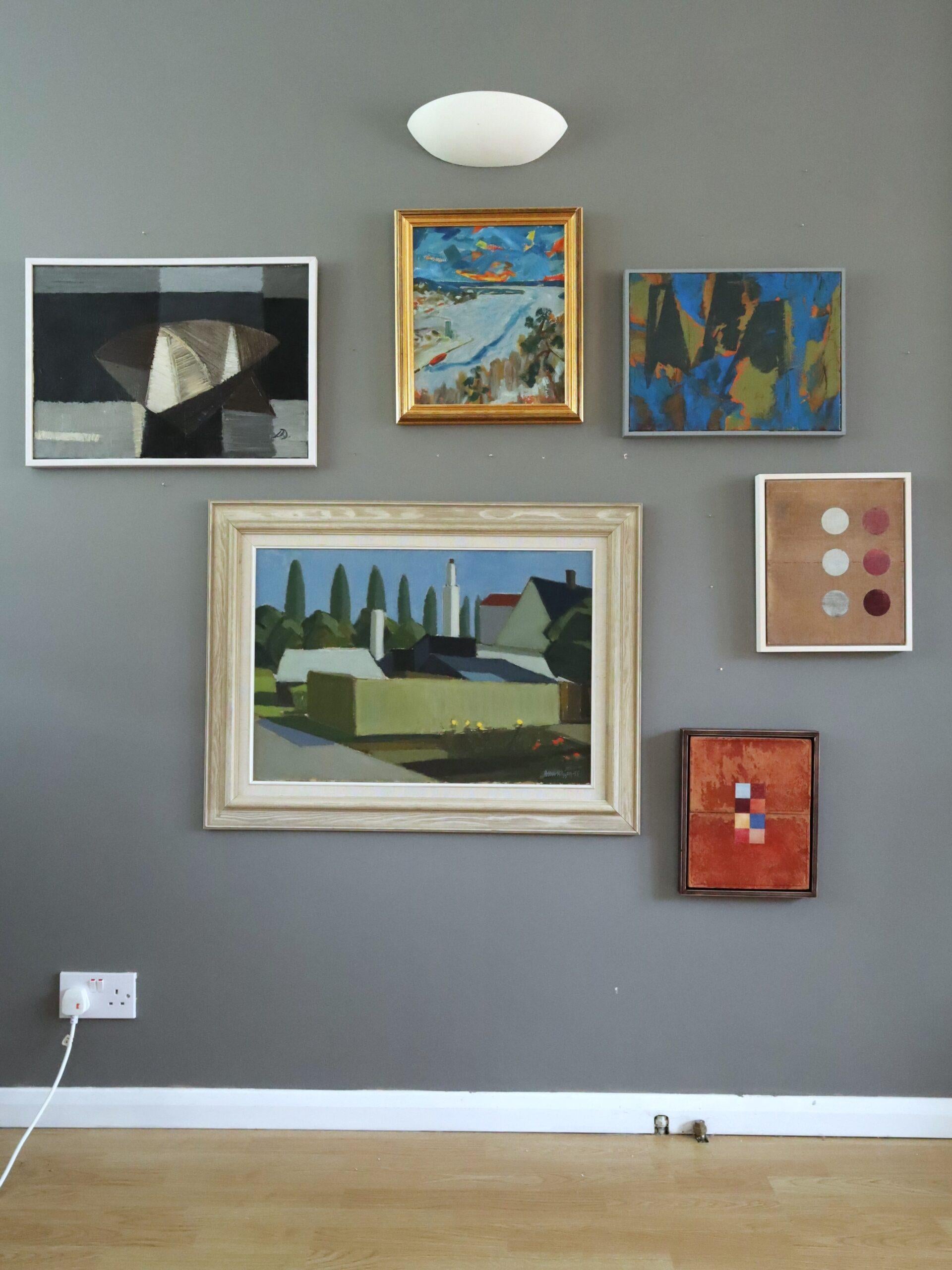 1955 Mid Century Modern Vintage Landscape Oil Painting - Chimneys & Cypress For Sale 10