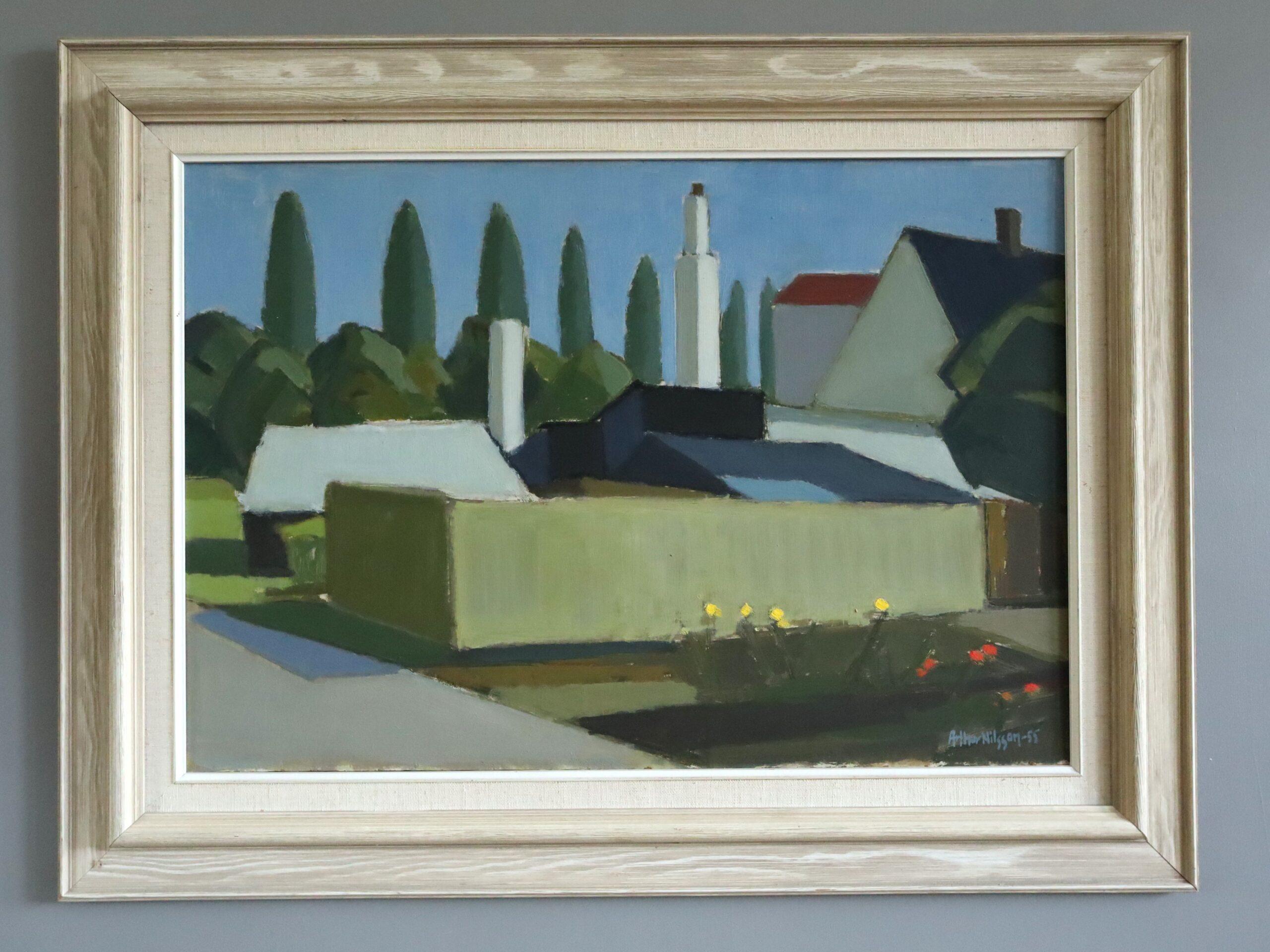 1955 Mid Century Modern Vintage Landscape Oil Painting - Chimneys & Cypress - Gray Landscape Painting by Unknown