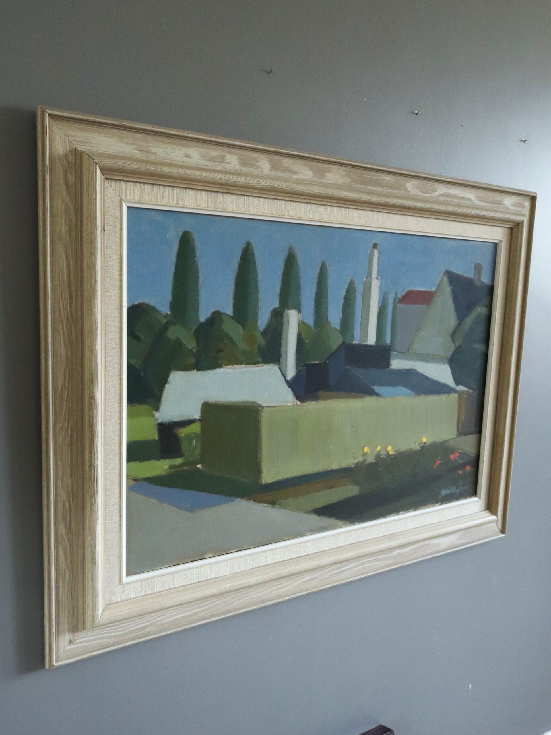 CHIMNEYS & CYPRESS
Size: 64 x 84 cm (including frame)
Oil on board

A serene and very pleasant large mid-century modernist painting that presents a distilled suburban scene rendered in confident, simplified forms,  executed in oil onto board and
