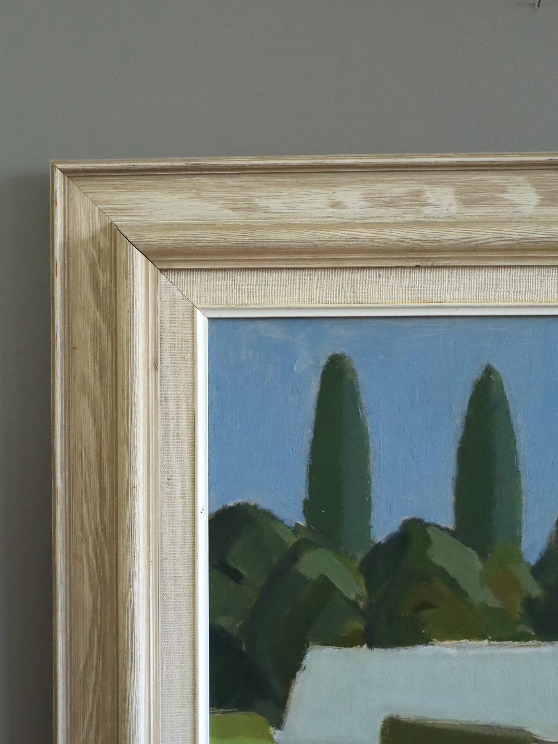 1955 Mid Century Modern Vintage Landscape Oil Painting - Chimneys & Cypress For Sale 2