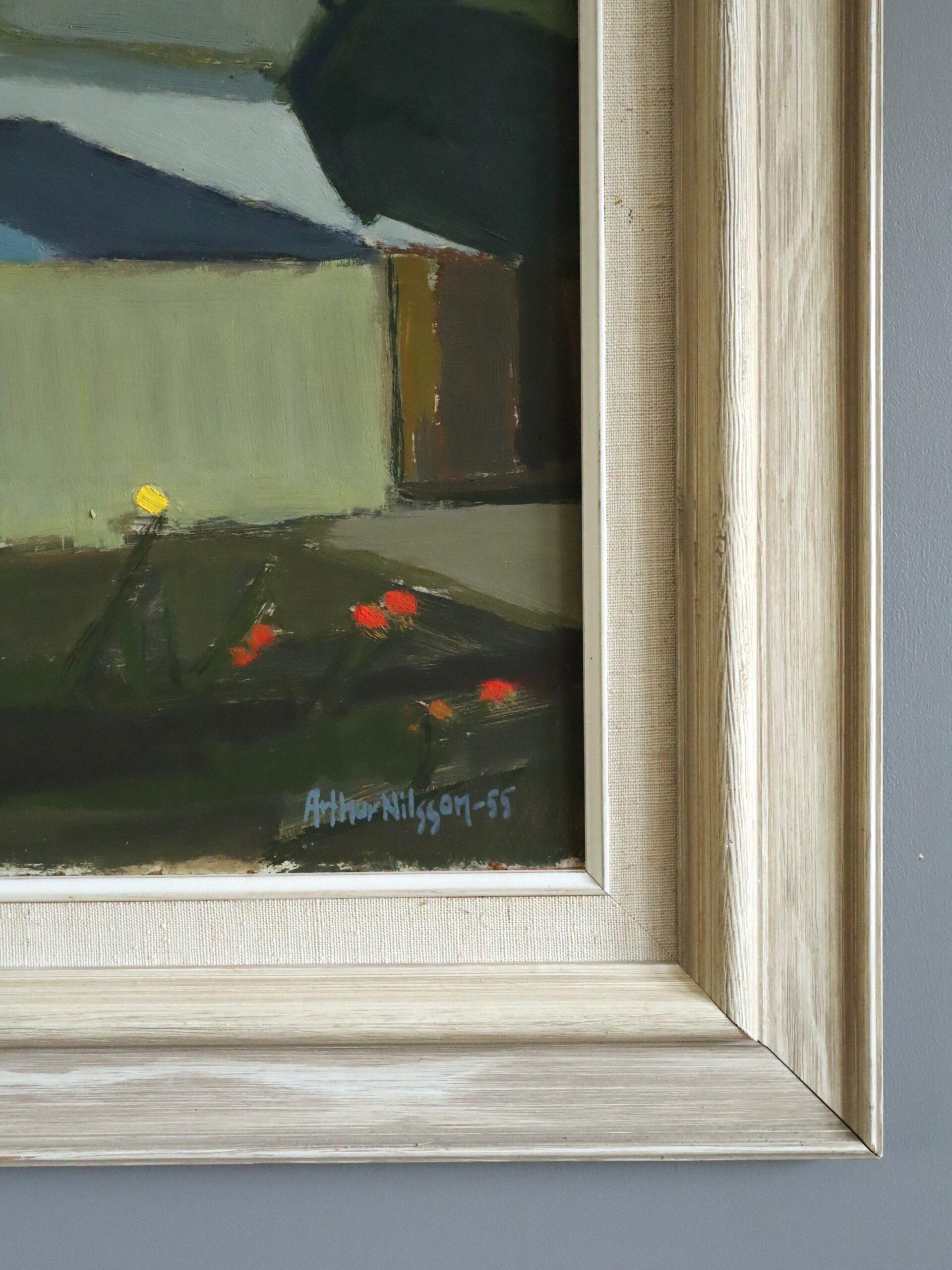 1955 Mid Century Modern Vintage Landscape Oil Painting - Chimneys & Cypress For Sale 4