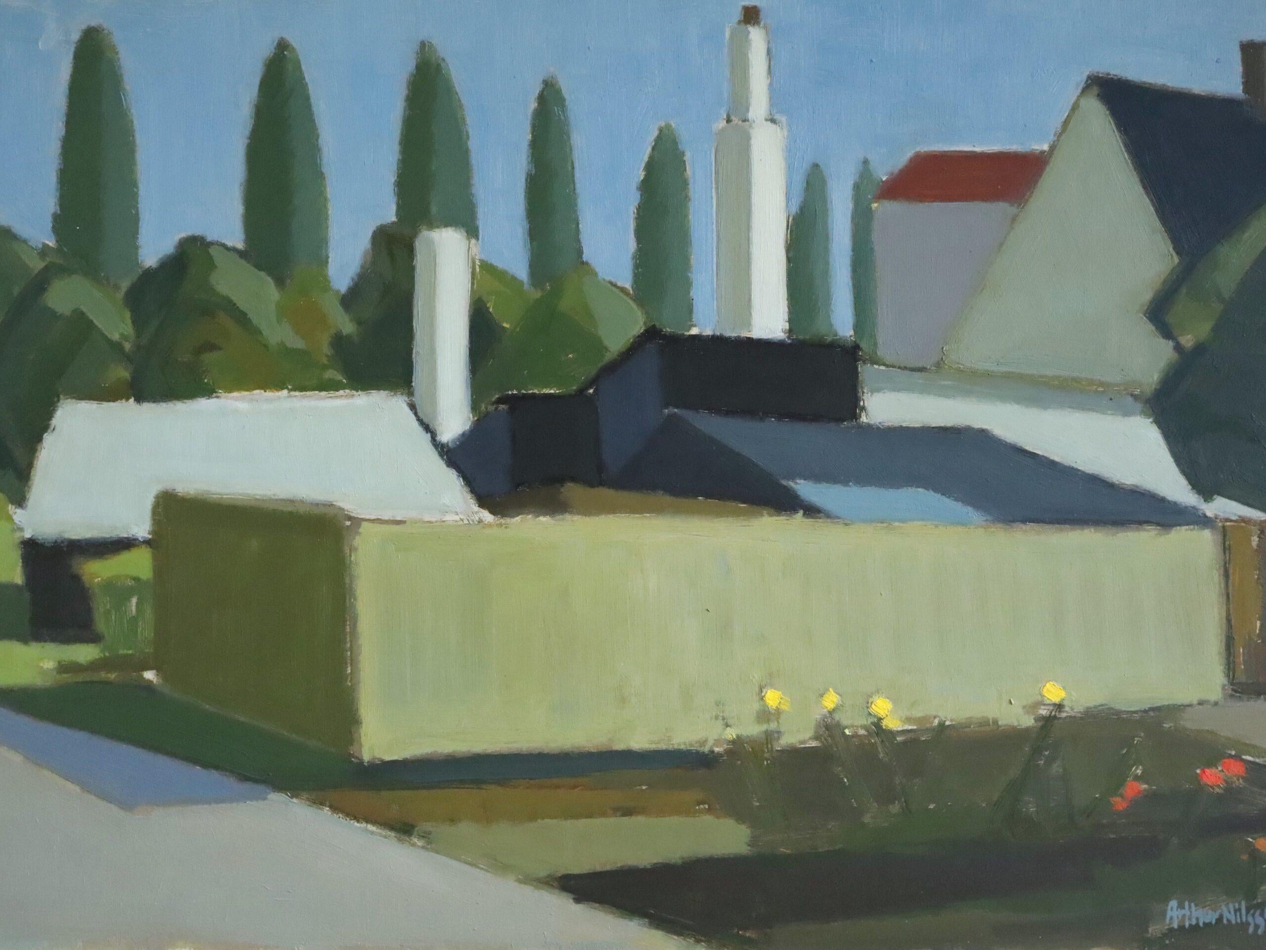 1955 Mid Century Modern Vintage Landscape Oil Painting - Chimneys & Cypress For Sale 5